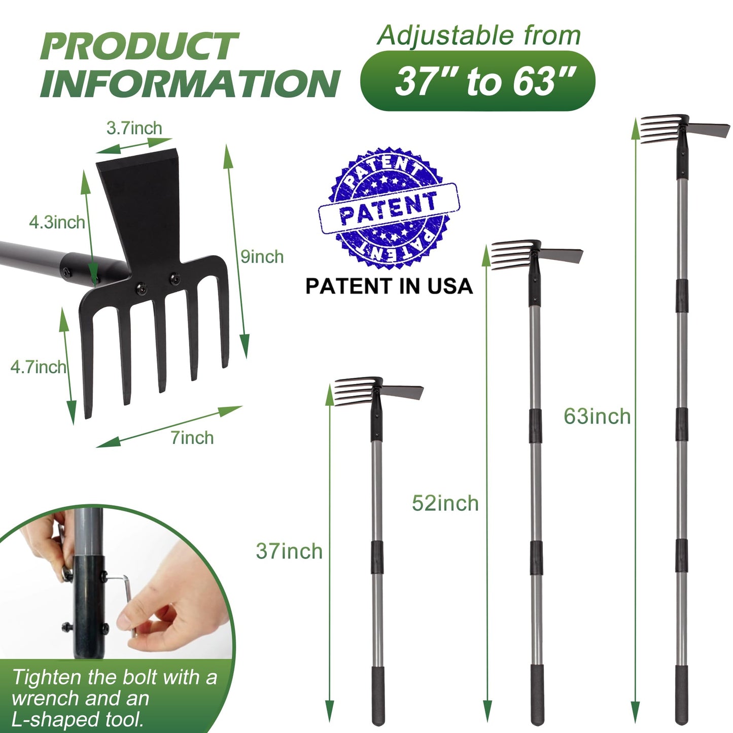 Walensee Hoe Garden Tool, 63 Inch Garden Hoe with Adjustable Long Handle for Weeding, 5-Tines Hoe Cultivator 2 in 1 Hand Weeder Tools for Yard Lawn Planting Gardening Digging
