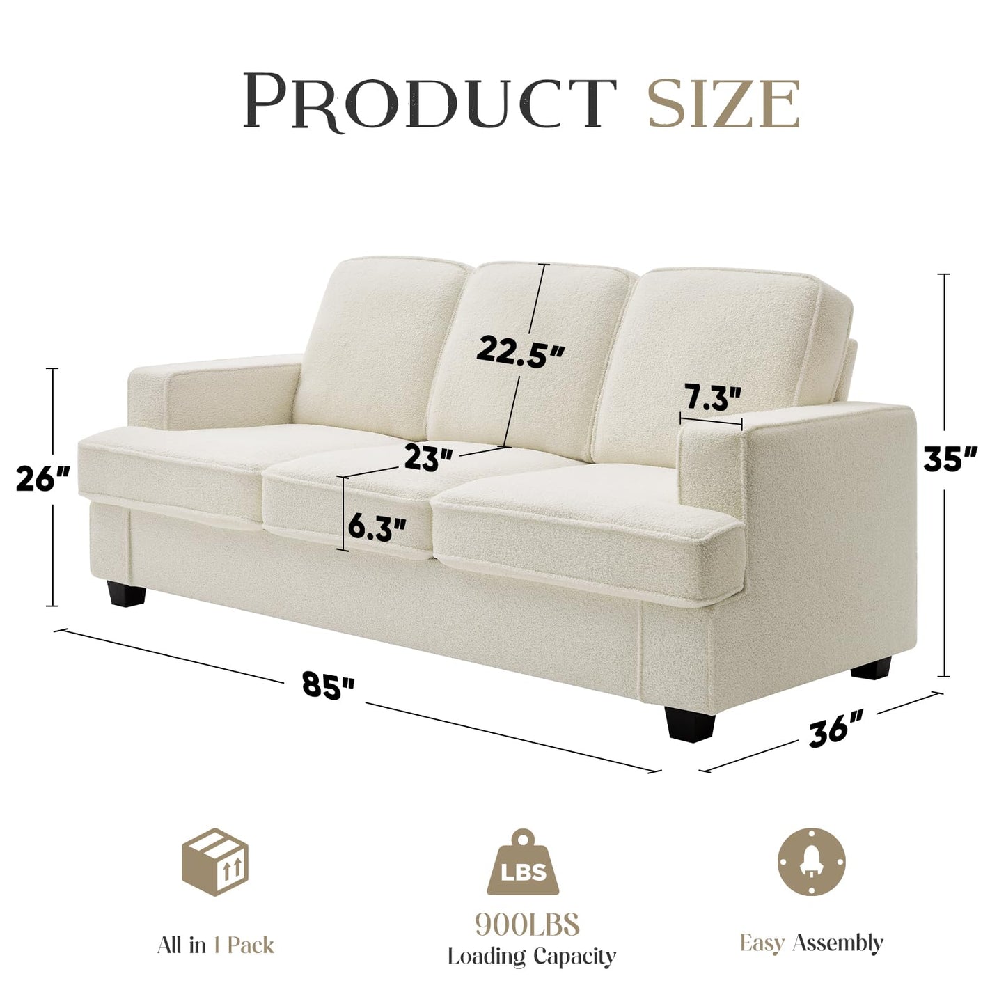 Couches for Living Room, 85” Cloud Couch in Soft Teddy Fleece, Removable Cover, Easy Assembly, Modern Sofa for Living Room/Bedroom/Office/Apartment, Beige