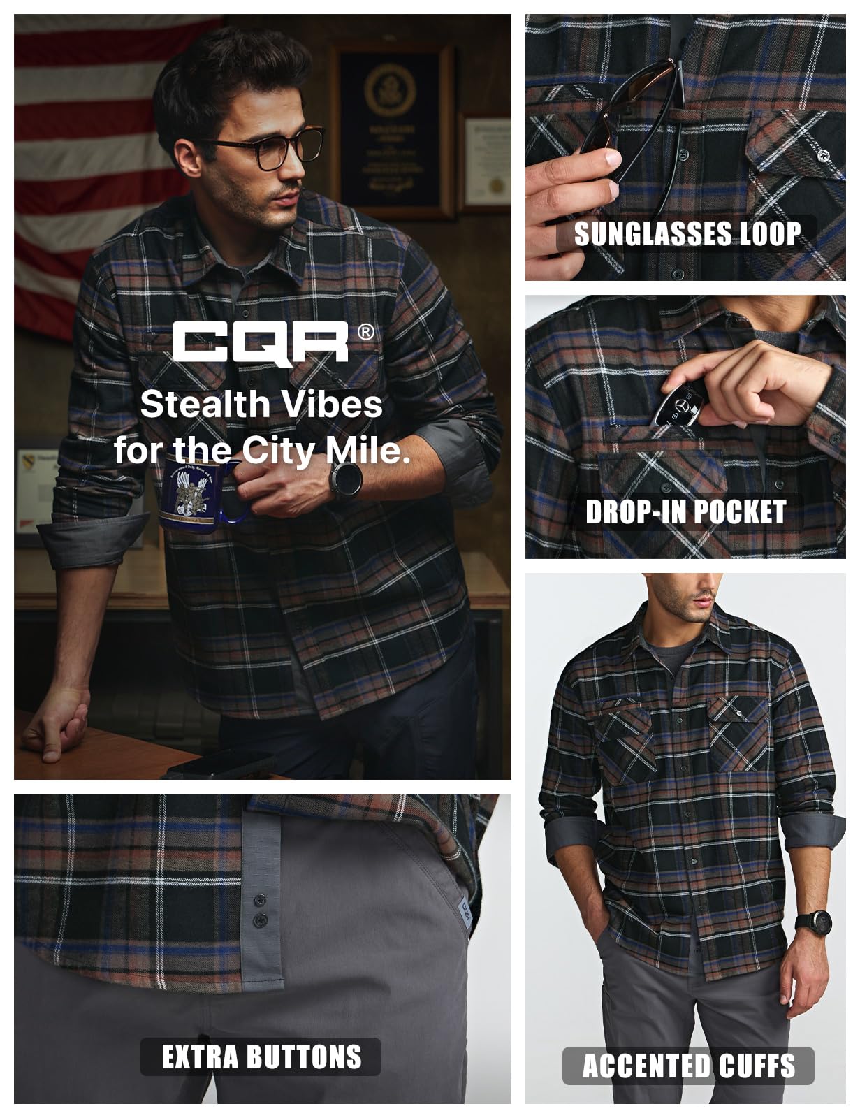 CQR Men's Flannel Button Down Shirts, Soft Cotton Plaid Long Sleeve Tactical Work Shirt, Warm Outdoor Essential with Pocket, Stealth Coal Miner, Large Tall
