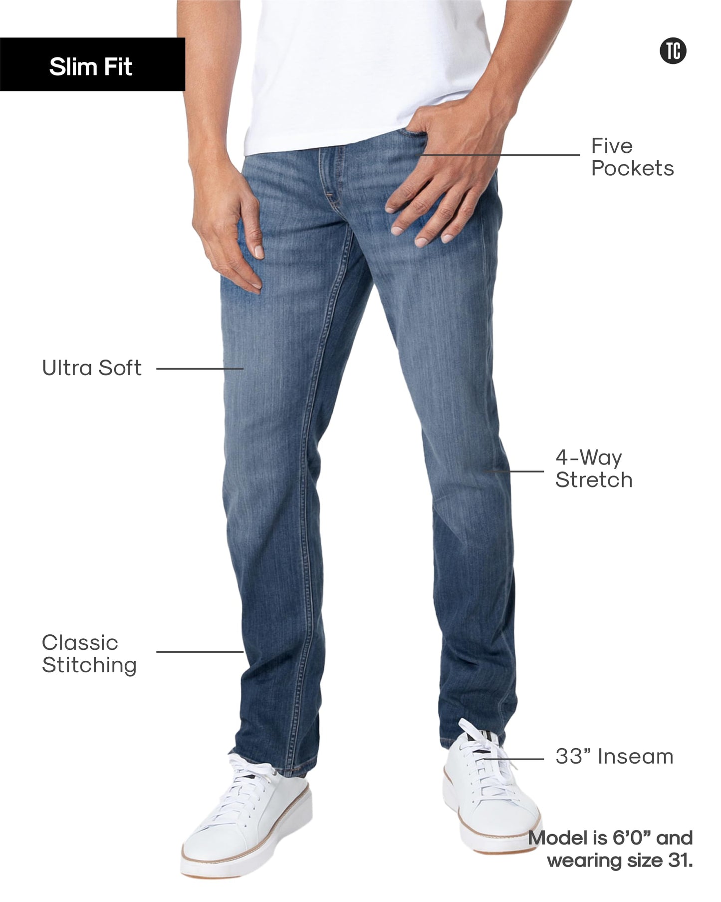 True Classic Mens Jeans – Stretch Jeans for Men, Slim Fit Men’s Stretch Jean - Tapered Skinny Fit, High-Stretch - Black, 31W X 36L