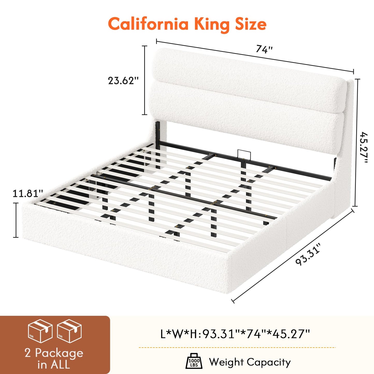 DICTAC California King Boucle Bed Frame with Headboard, Upholstered Platform Bed with Wood Slats, Soft Cloud Bed with Solid Wood Legs, No Box Spring Required, Easy Assembly, Cream