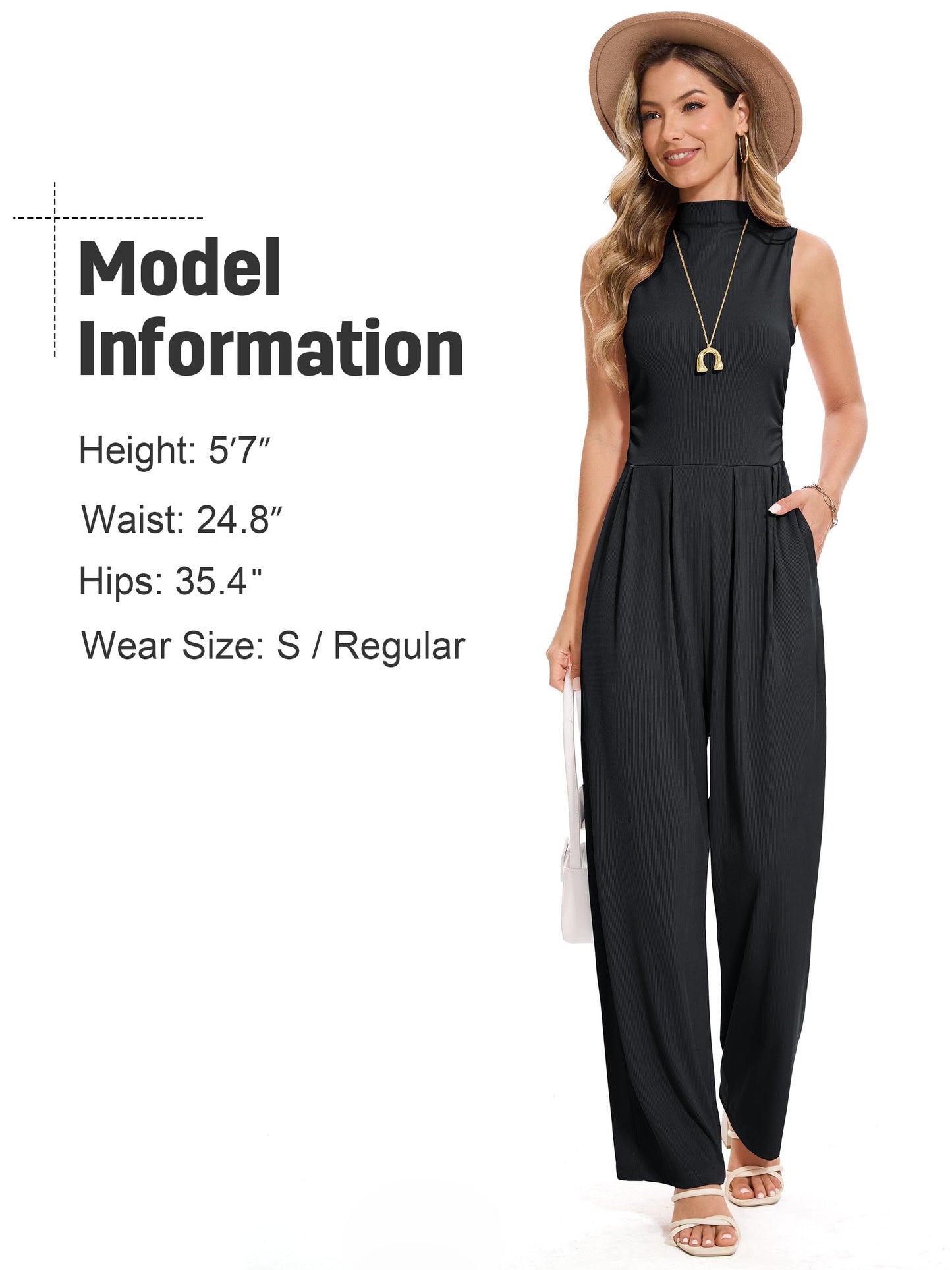 Tapata Women's Jumpsuits Dressy Casual One Piece Outfits Sleeveless Rompers Wide Leg Pants with Pockets, Tall, Black, Large