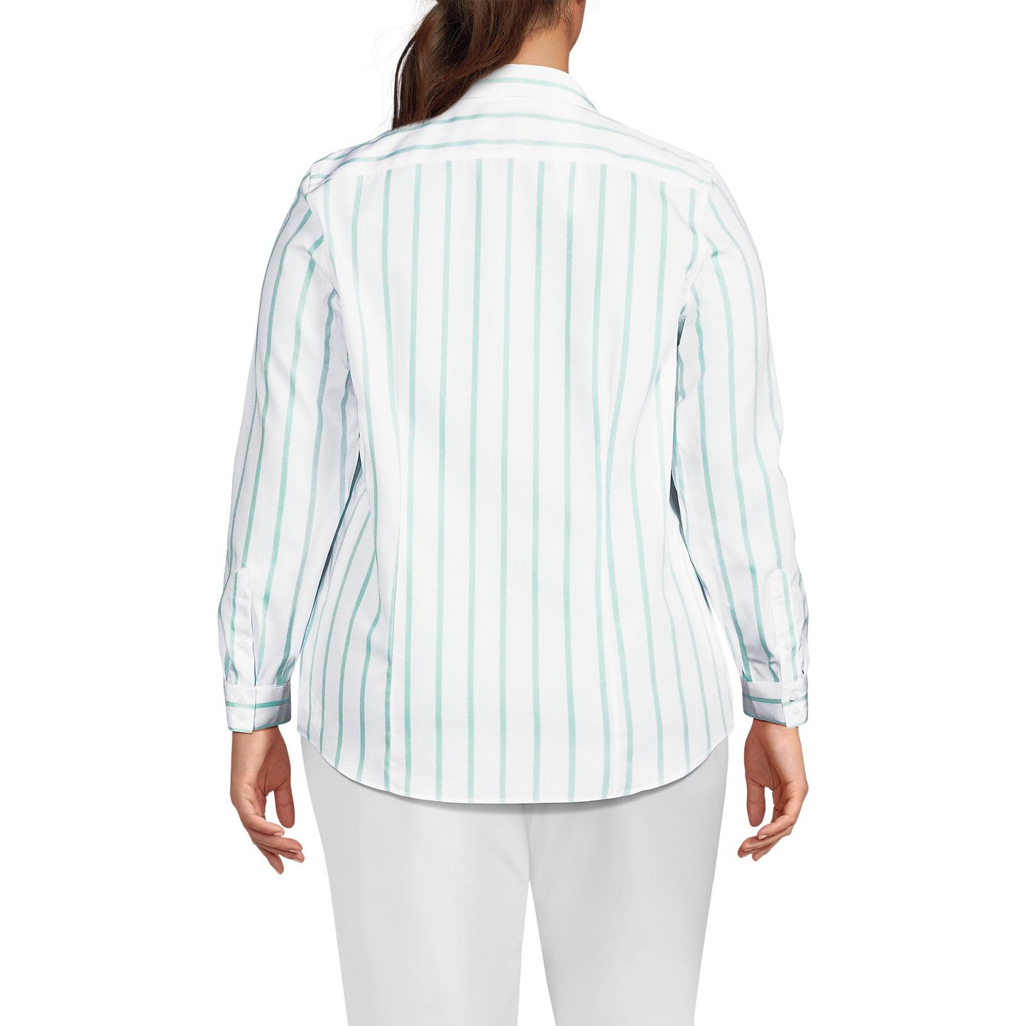 Lands' End Womens LS No Iron Button Front Shirt White/Aqua Classic Stripe Tall 6