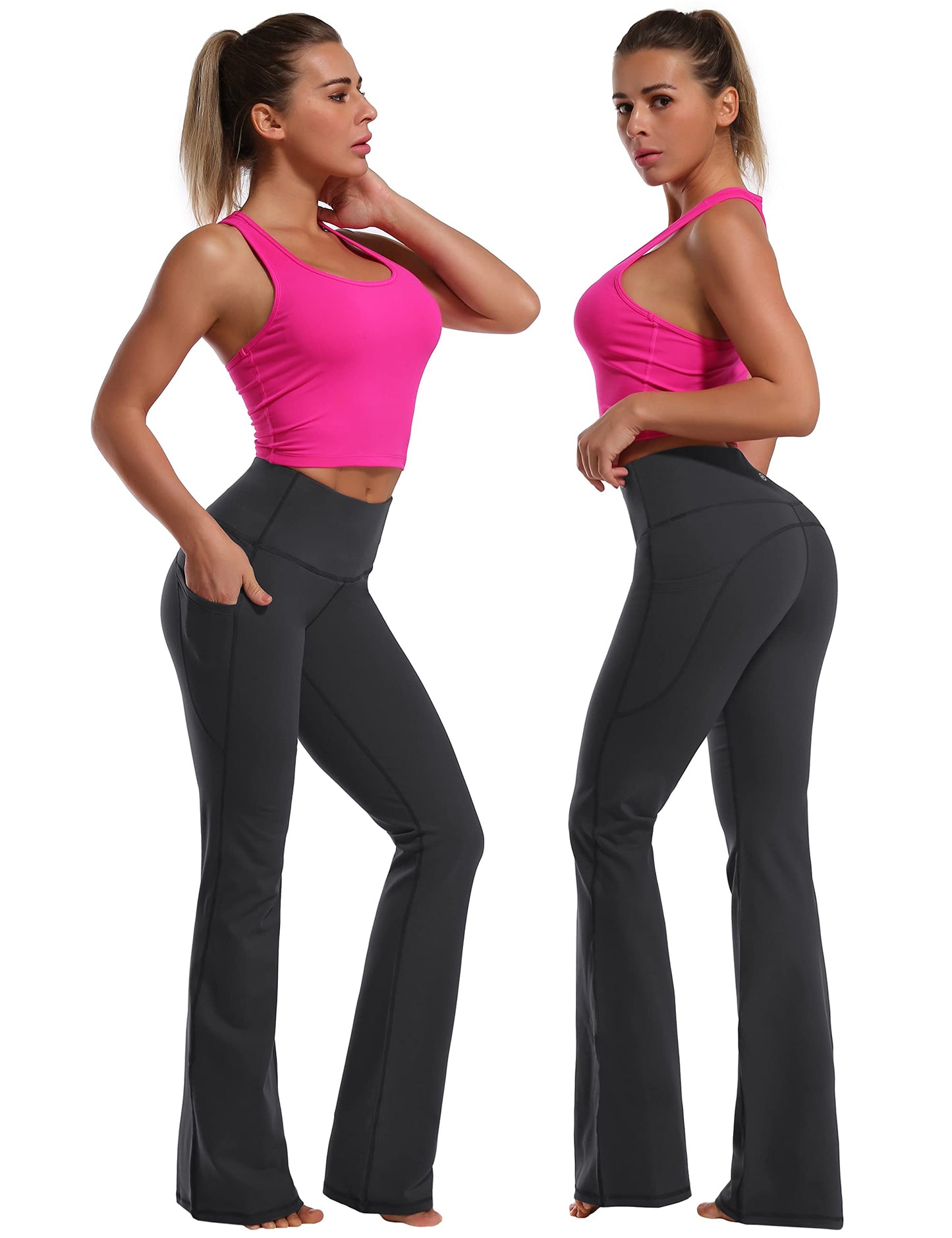 BUBBLELIME 29"/31"/33"/37" 4 Styles Women's Bootcut Yoga Pants Tummy Control - Side Pockets_SHADOWCHARCOAL M_37" Inseam
