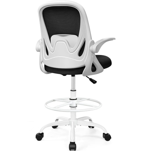 Drafting Chair Tall Office Chair with Flip-up Armrests, Adjustable Height, and Enhanced Lumbar Support - Ergonomic Rolling Stool, Back Support, and Adjustable Foot Rest Ring for Standing Desk White