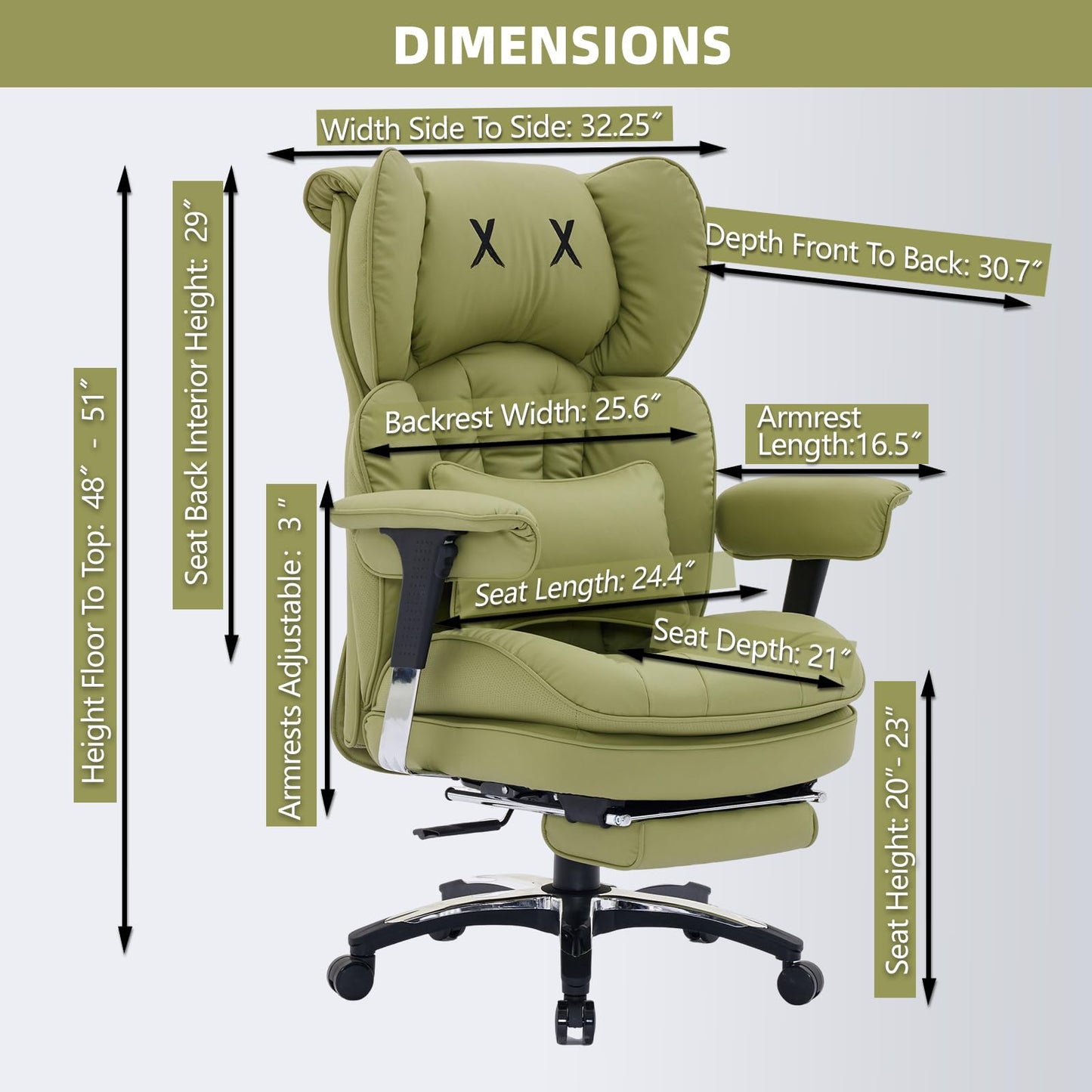 Efomao Big and Tall Office Chair with Footrest – High Back Computer Chair with Adjustable Armrests,Executive Office Chair with Wide Seat, Modern Desk Chair for Home Office, Gaming, or Study, Green