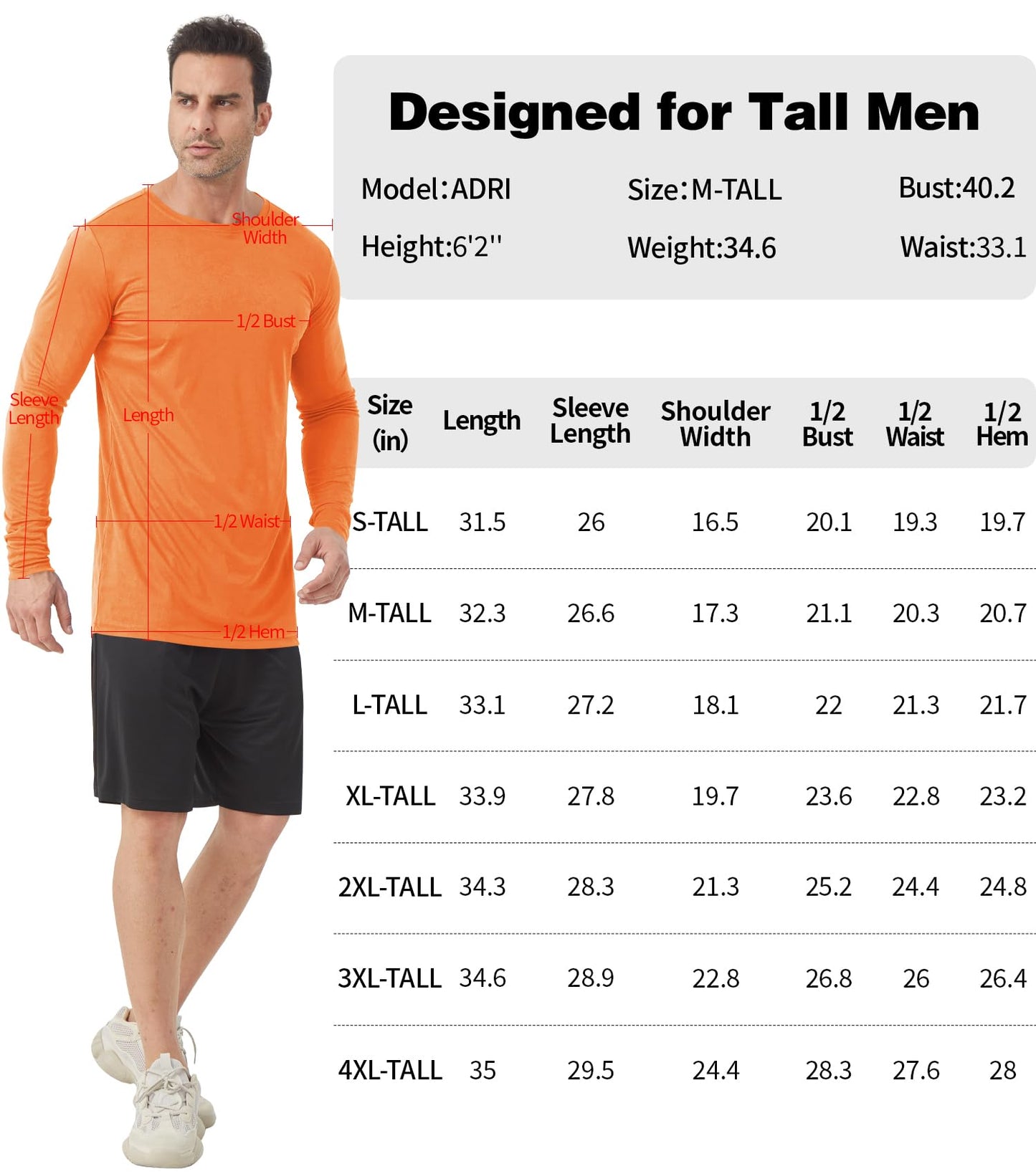 Men's Tall Rash Guard Long Sleeve T Shirts - UPF 50+ Sun Protection Tee Shirt for Fishing, Swim, Hiking Orange