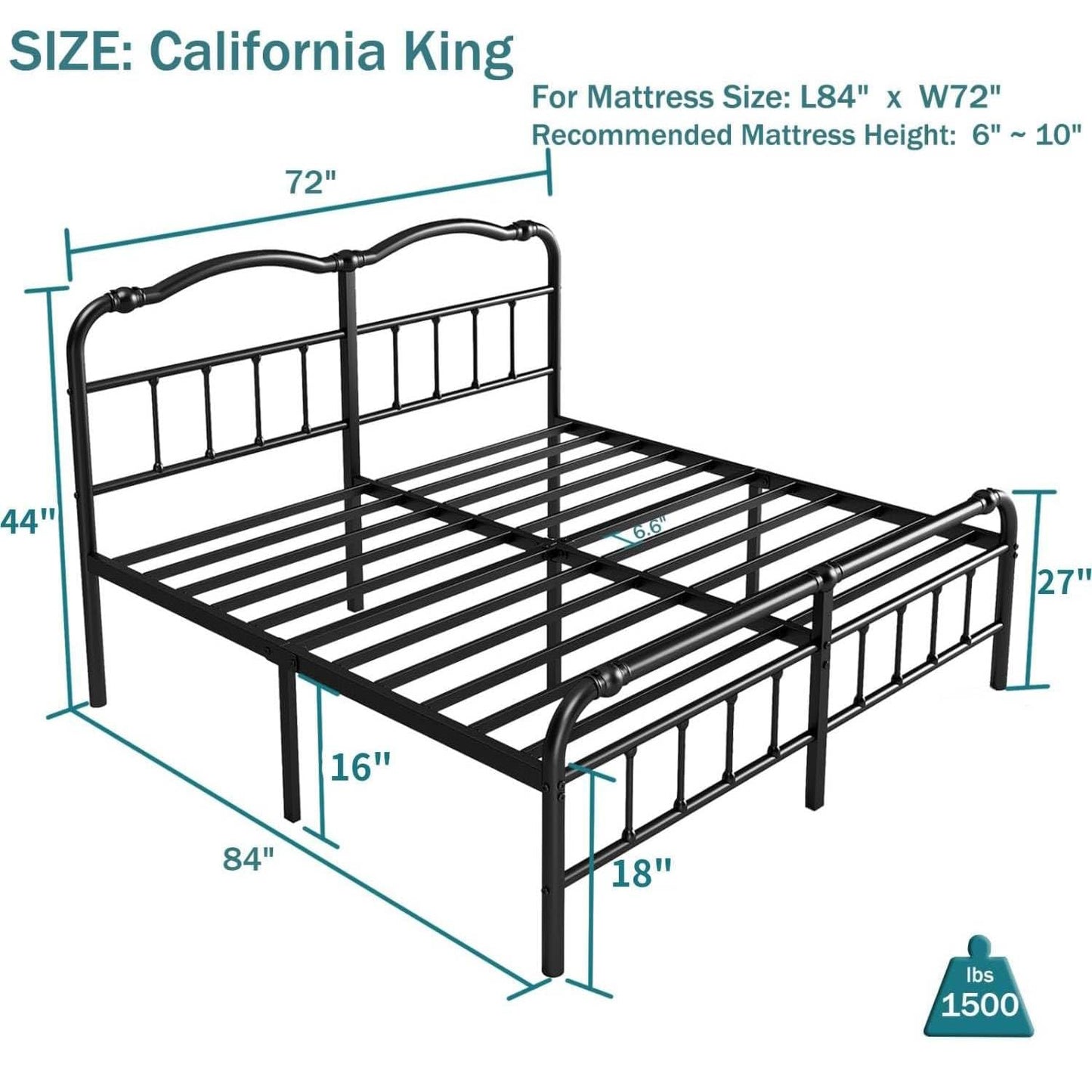 ZIYOO Vinatge California King Size Metal Bed Frame with Metal Headboard and Footboard Cal-King Bed Frame 18 Inch High Under Bed Storage, No Box Spring Needed, Noise Free