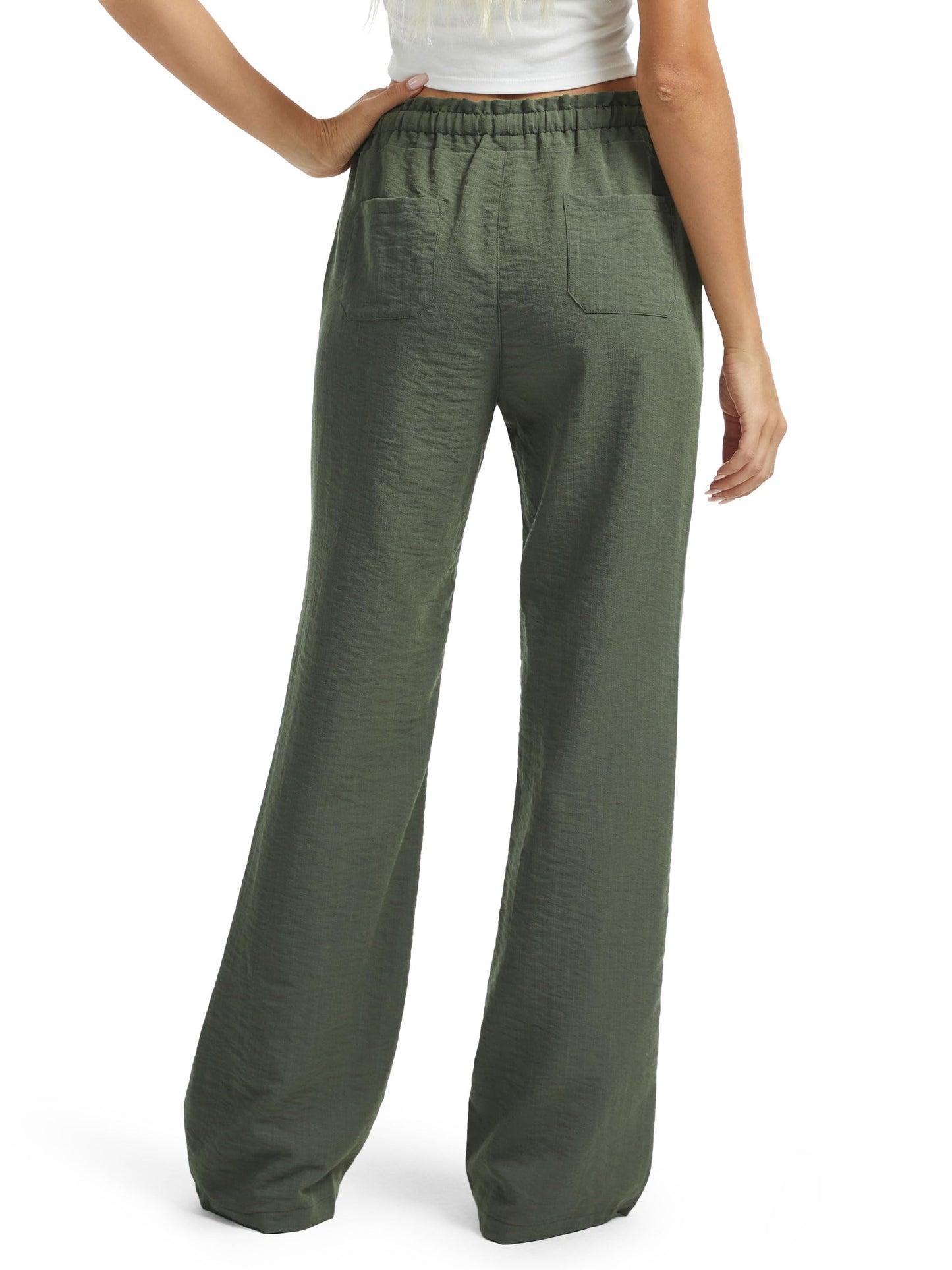 SEVEGO Women's Casual Linen Pants Extra Tall 36" Inseam Flared Leg Smocked Waist Beach Summer Slacks, Green, X-Large