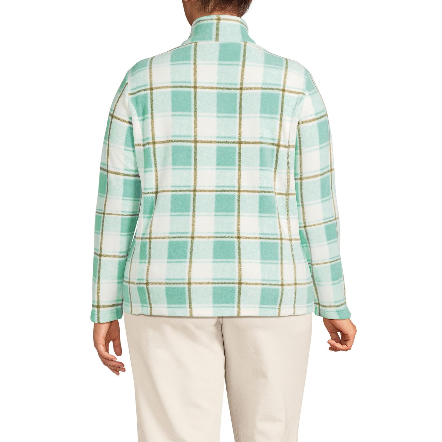 Lands' End Womens Anyweather Fleece Full Zip Jacket Print Mint Sky Buff Check Tall Medium