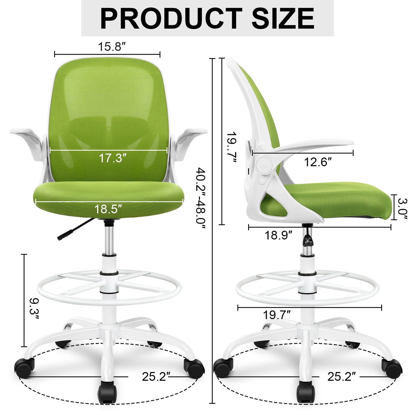 Primy Drafting Chair Tall Office Chair with Flip-up Armrests Executive Ergonomic Computer Standing Desk Chair with Lumbar Support and Adjustable Footrest Ring (Green)