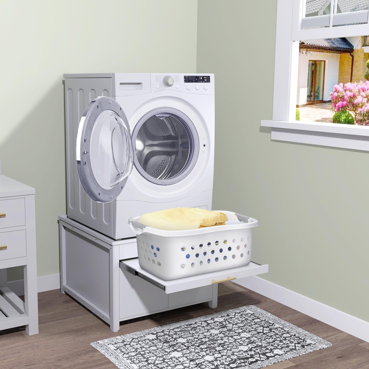 GDLF Laundry Pedestal Heavy Duty Metal Washer and Dryer Stand 29" Universal Fit Anti-Vibration Washing Machine Stand with Laundry Basket Shelf and Built-in Drain Pan + Hose,770 LBS Capacity,White