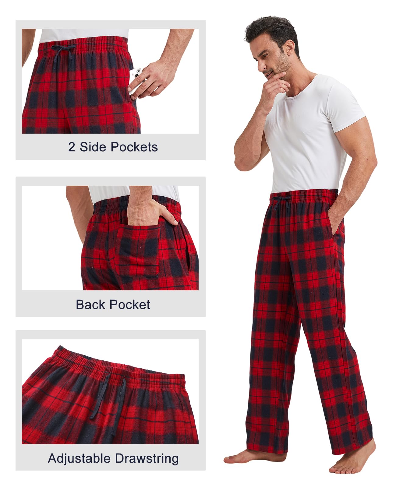 TTZ 34/36 Inseam Mens Tall Pajama Pants 100% Cotton Pj Lounge Sleep Pants for Tall Men-2XLT