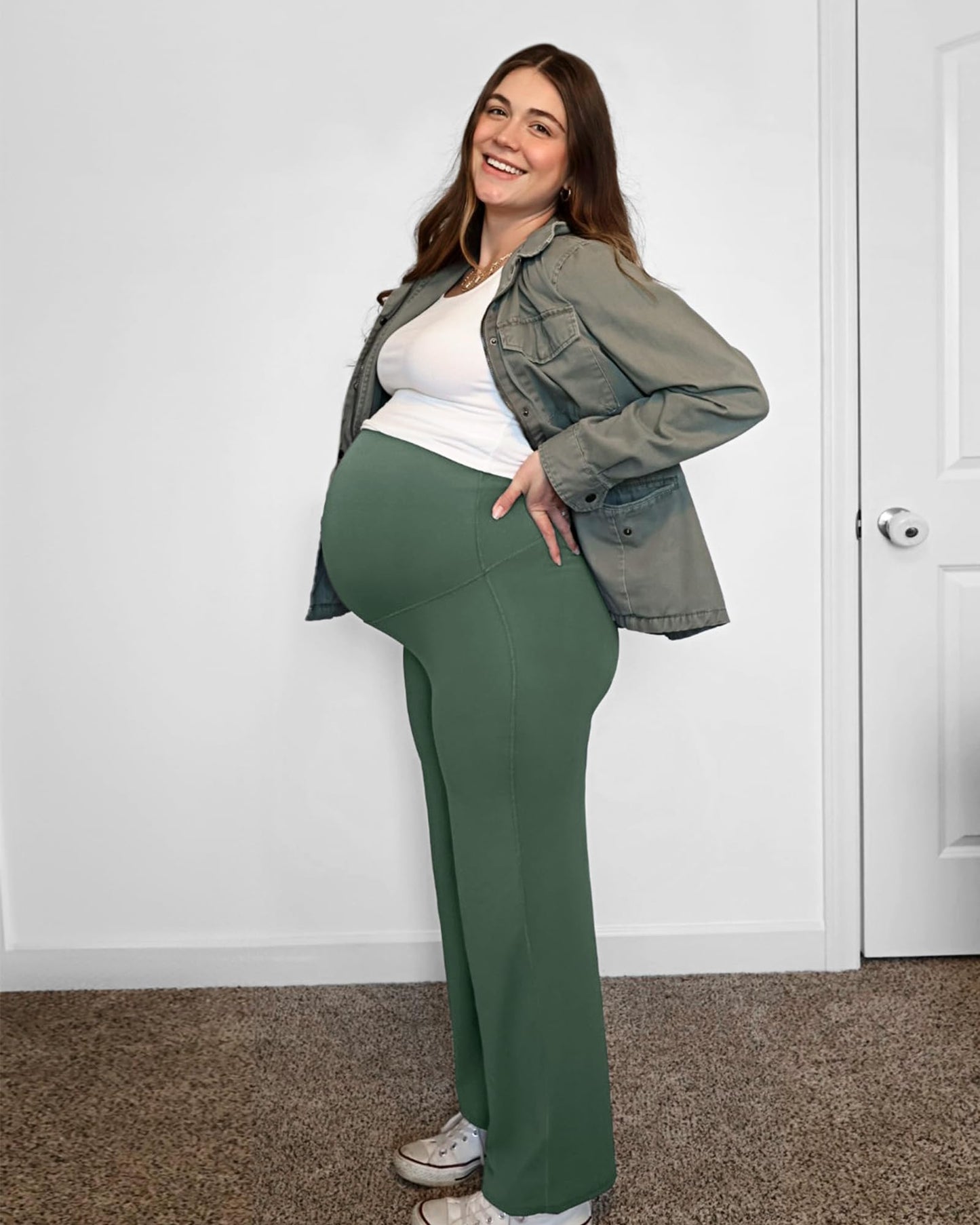 G4Free Pregnancy Pants Over The Bump High Waist Maternity Clothes for Women Strechy Business Casual Lounge Trousers (Gray Sage,XXL,32")