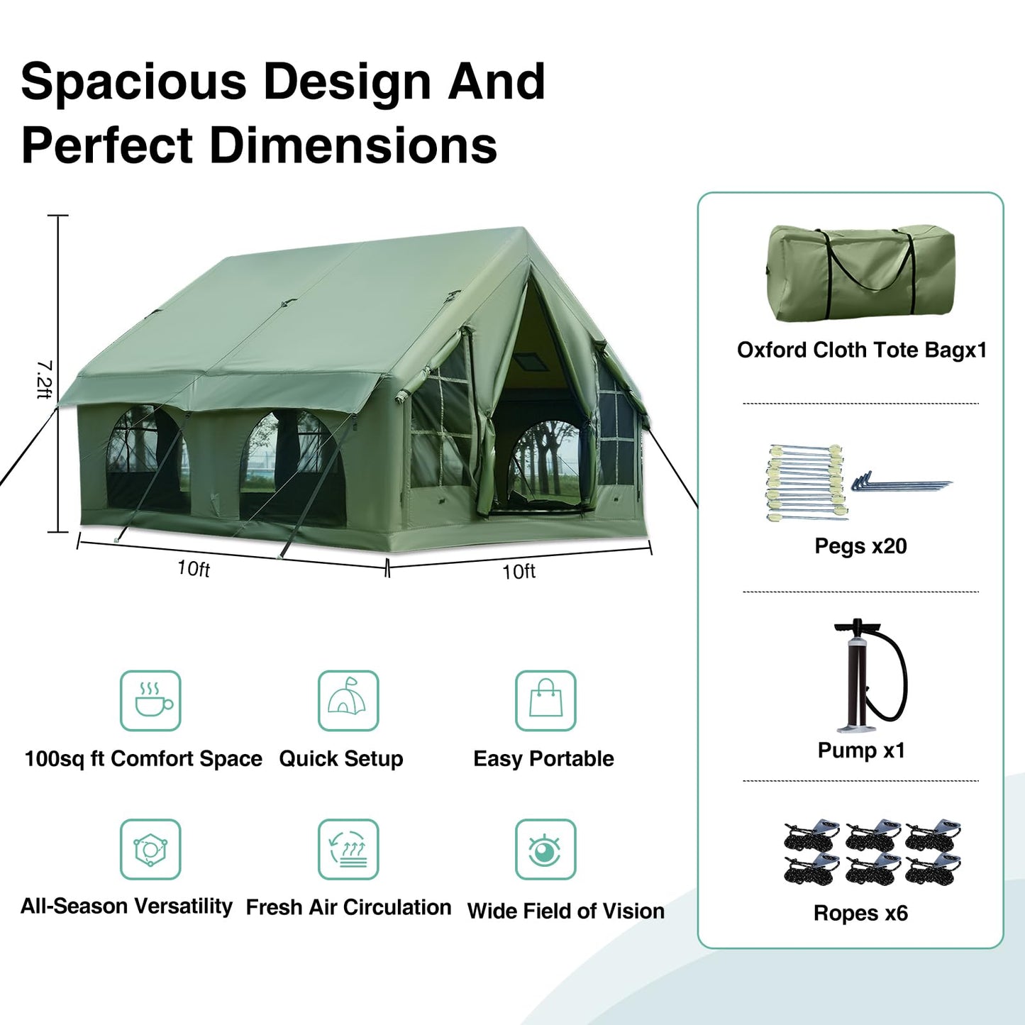 KNUO 2025 Upgraded Waterproof Inflatable Camping Tent for 5-8 People, Large Blow-Up Air Tent, No Assembly Needed Luxury Glamping House, 10x10ft Oxford Fabric