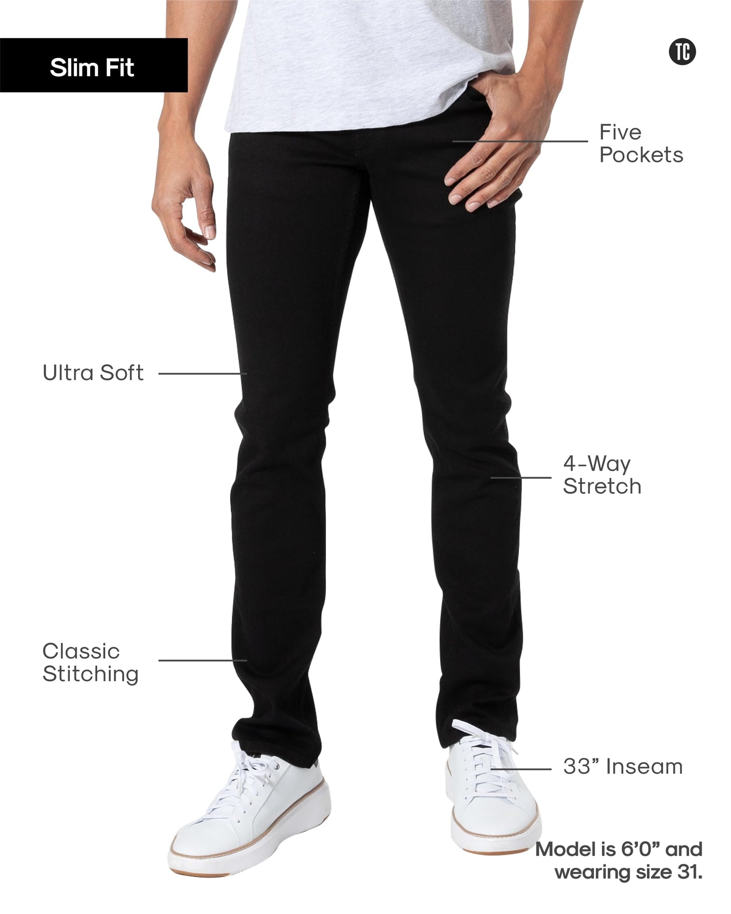 True Classic Mens Jeans – Stretch Jeans for Men, Slim Fit Men’s Stretch Jean - Tapered Skinny Fit, High-Stretch - Black, 33W X 36L