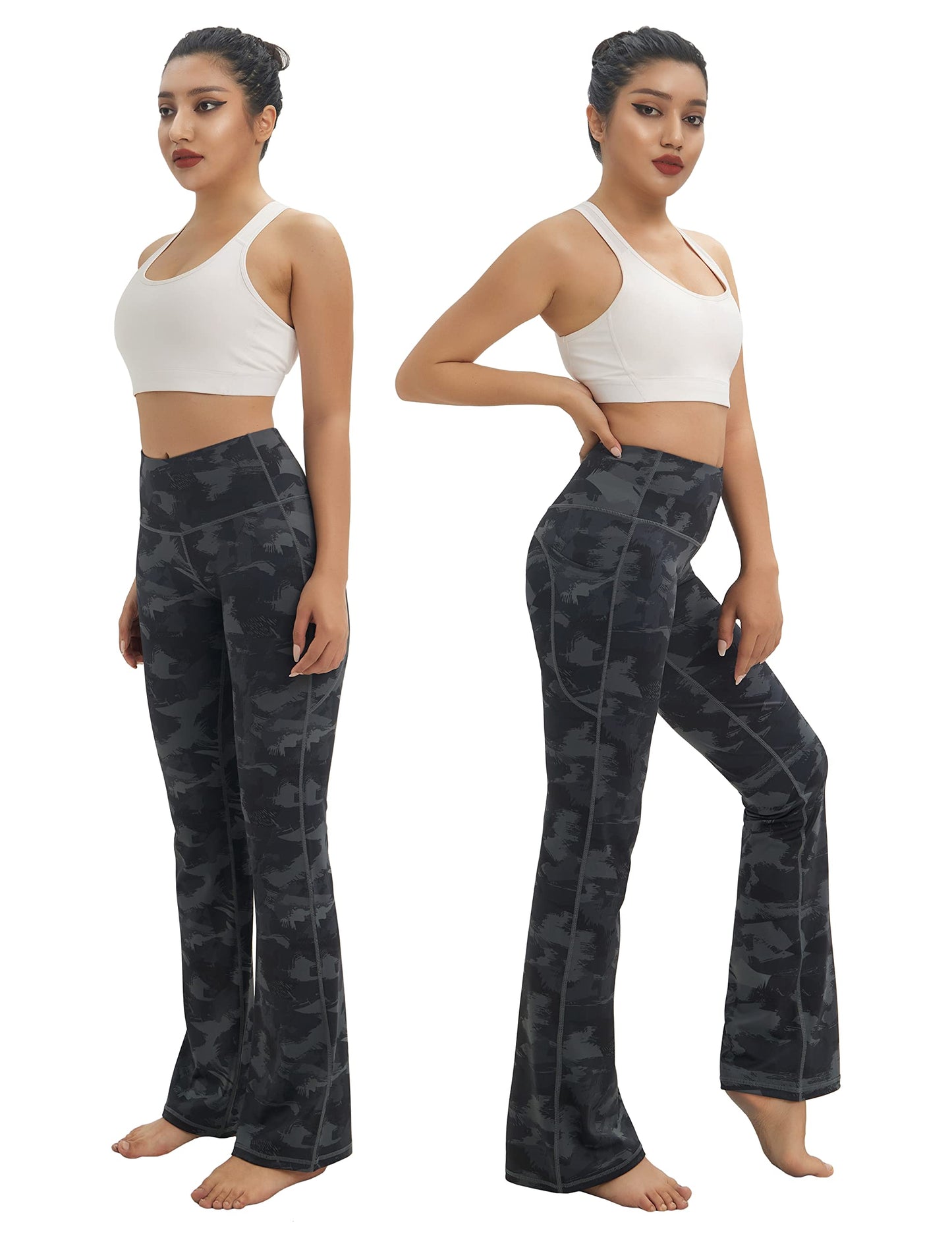 BUBBLELIME 29"/31"/33"/35" 4 Styles Women's Tummy Control Bootcut Yoga Pants - Side Pockets_DIMGRAY BRUSHCAMO L-35 Inseam