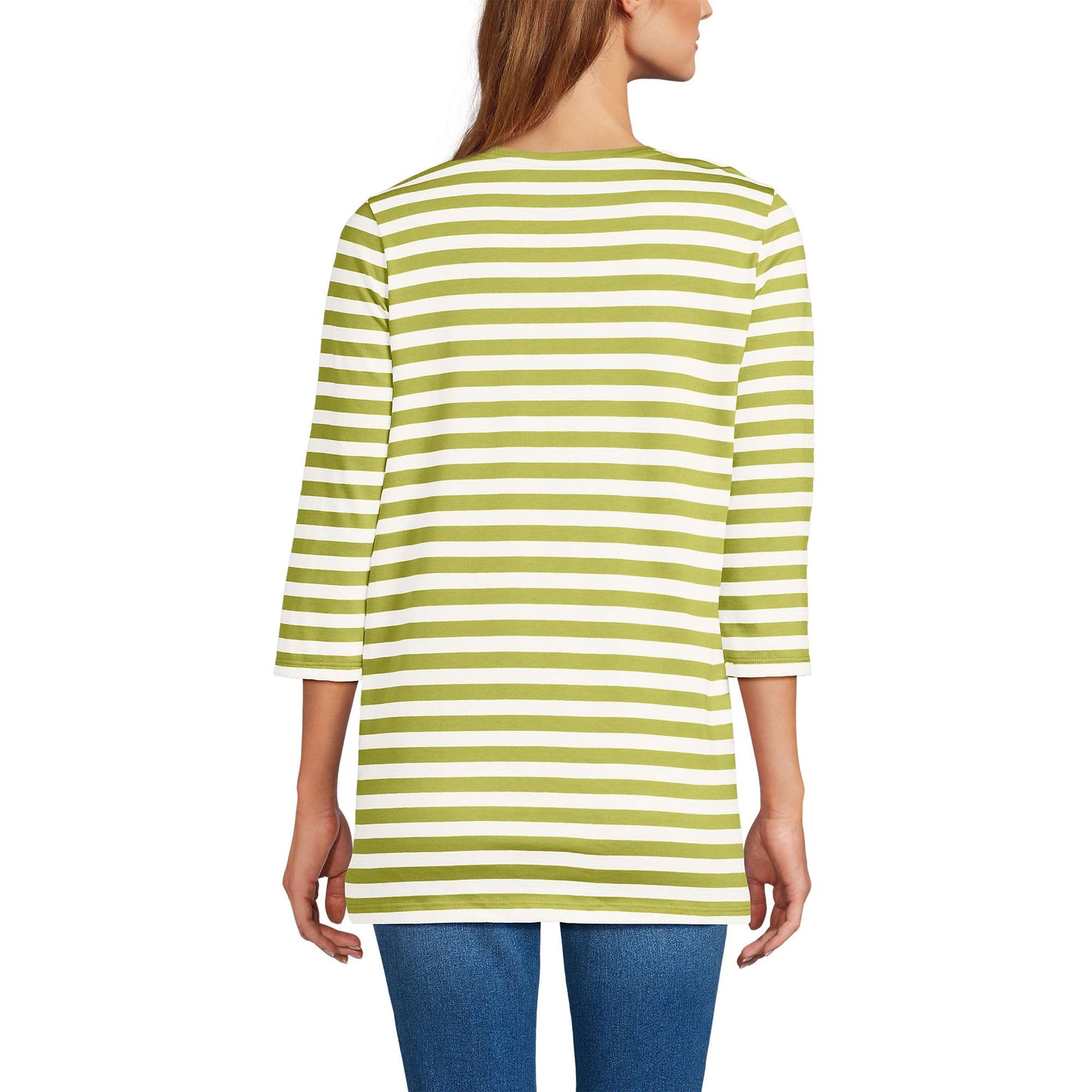 Lands' End Womens 3Q Cotton Supima Crew Neck Tunic Vintage Lime Even Stripe Tall Small