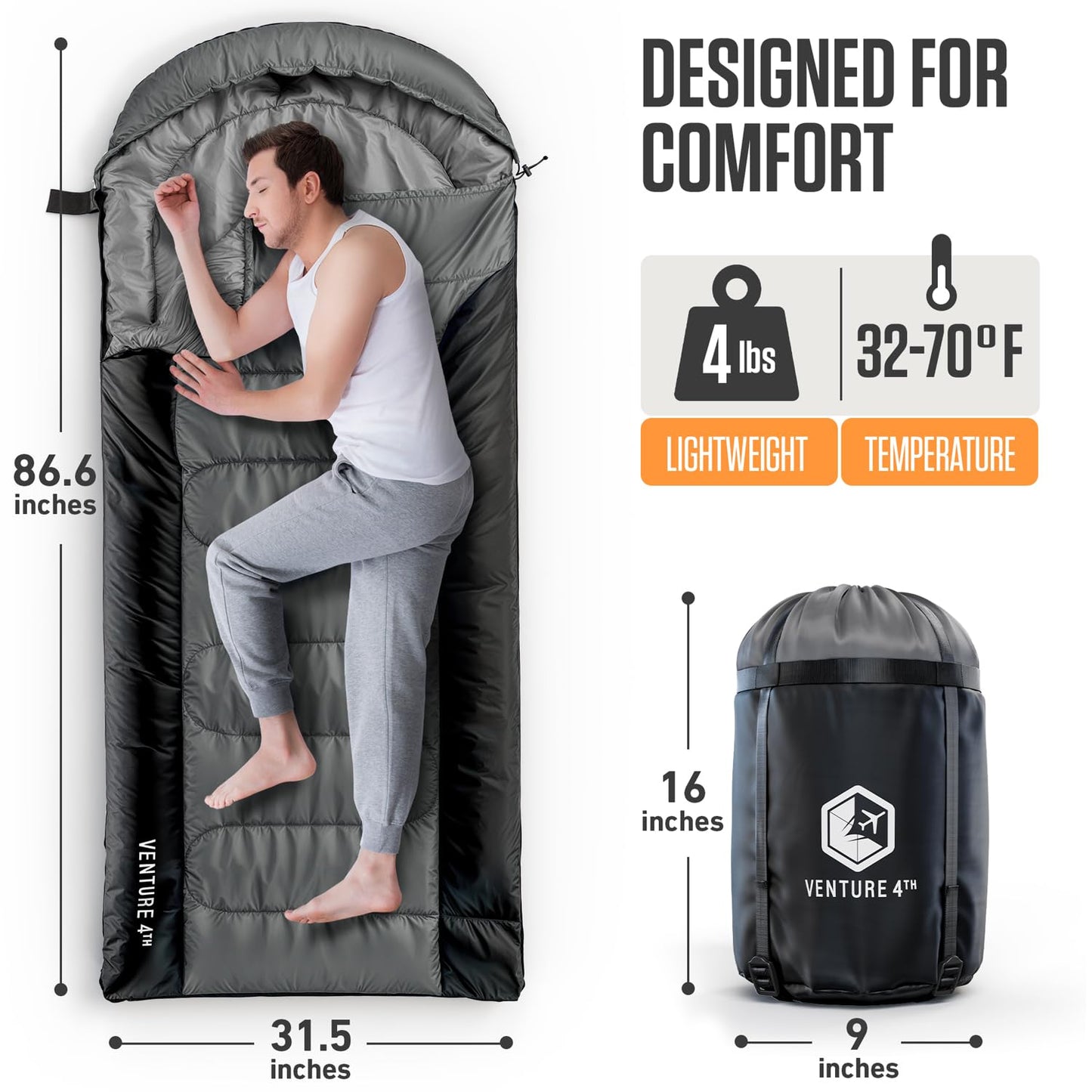 3-Season XXL Long (7'6") Backpacking Sleeping Bag: 30º+ Rated