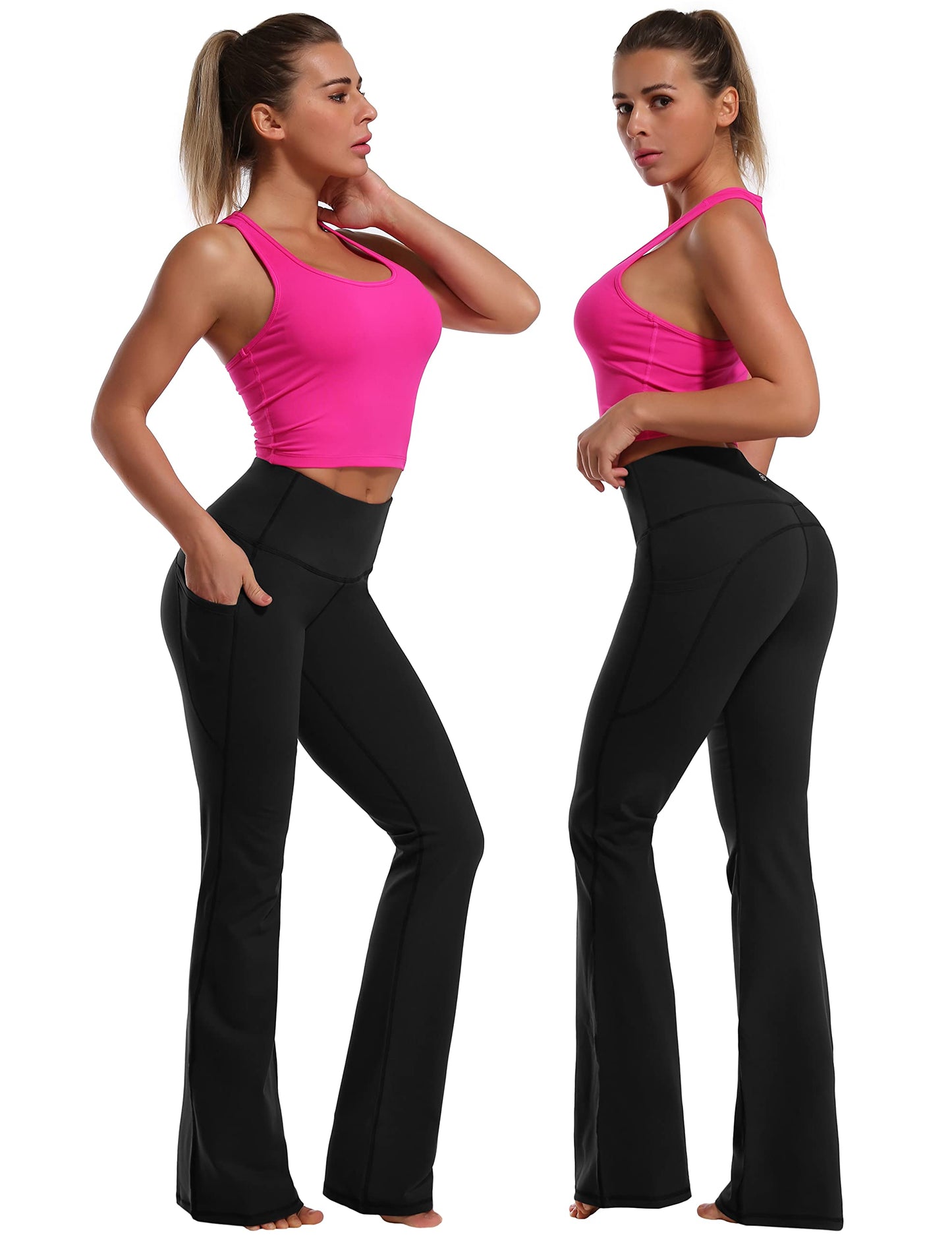BUBBLELIME 29"/31"/33"/37" 4 Styles Women's Bootcut Yoga Pants Tummy Control - Side Pockets_Black L_37" Inseam