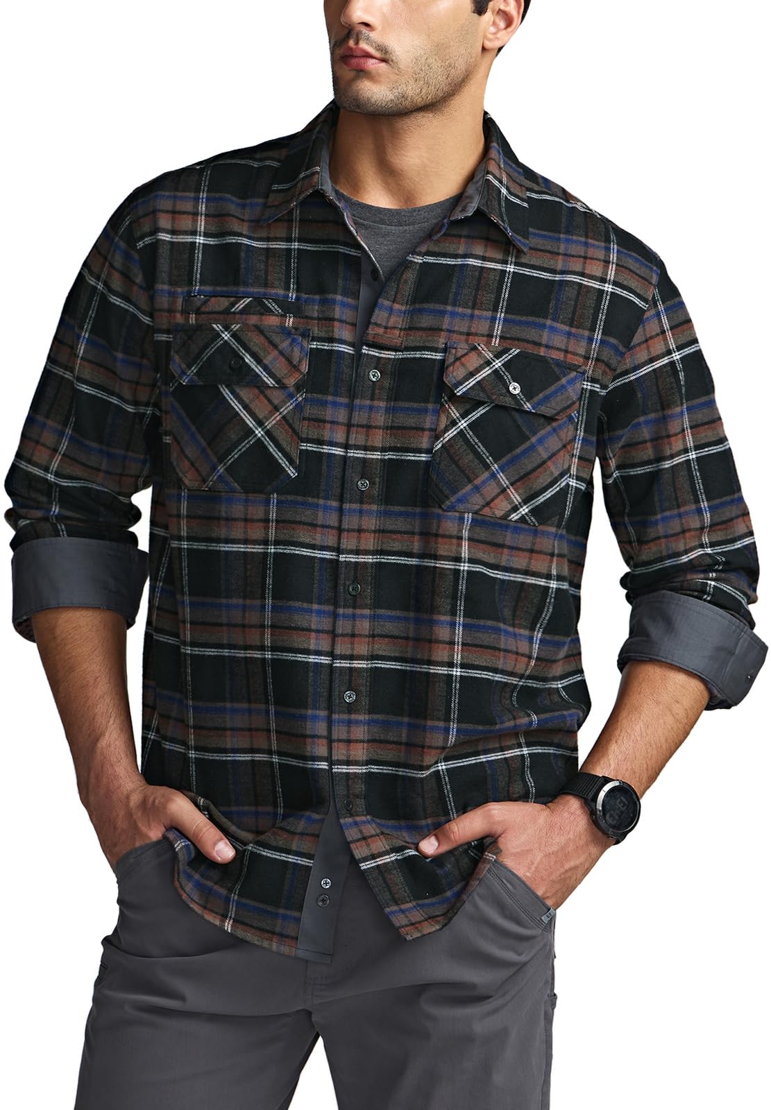 CQR Men's Flannel Button Down Shirts, Soft Cotton Plaid Long Sleeve Tactical Work Shirt, Warm Outdoor Essential with Pocket, Stealth Coal Miner, Large Tall