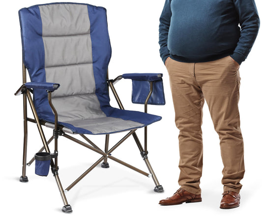 SKIKEN Large High Back Camping Chair for Adults - Oversized Comfortable for Tall People - Heavy Duty 450lbs Capacity K-Frame, Padded Seat & Armrests for Sitting Fishing Lawn Outside, Cup Holder (Blue)