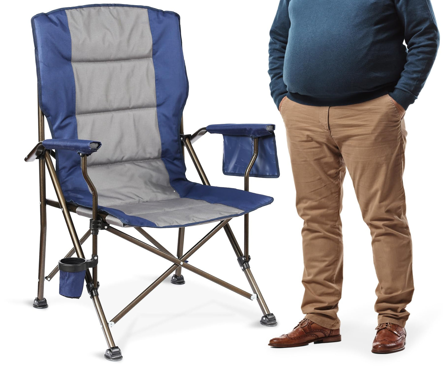 SKIKEN Large High Back Camping Chair for Adults - Oversized Comfortable for Tall People - Heavy Duty 450lbs Capacity K-Frame, Padded Seat & Armrests for Sitting Fishing Lawn Outside, Cup Holder (Blue)
