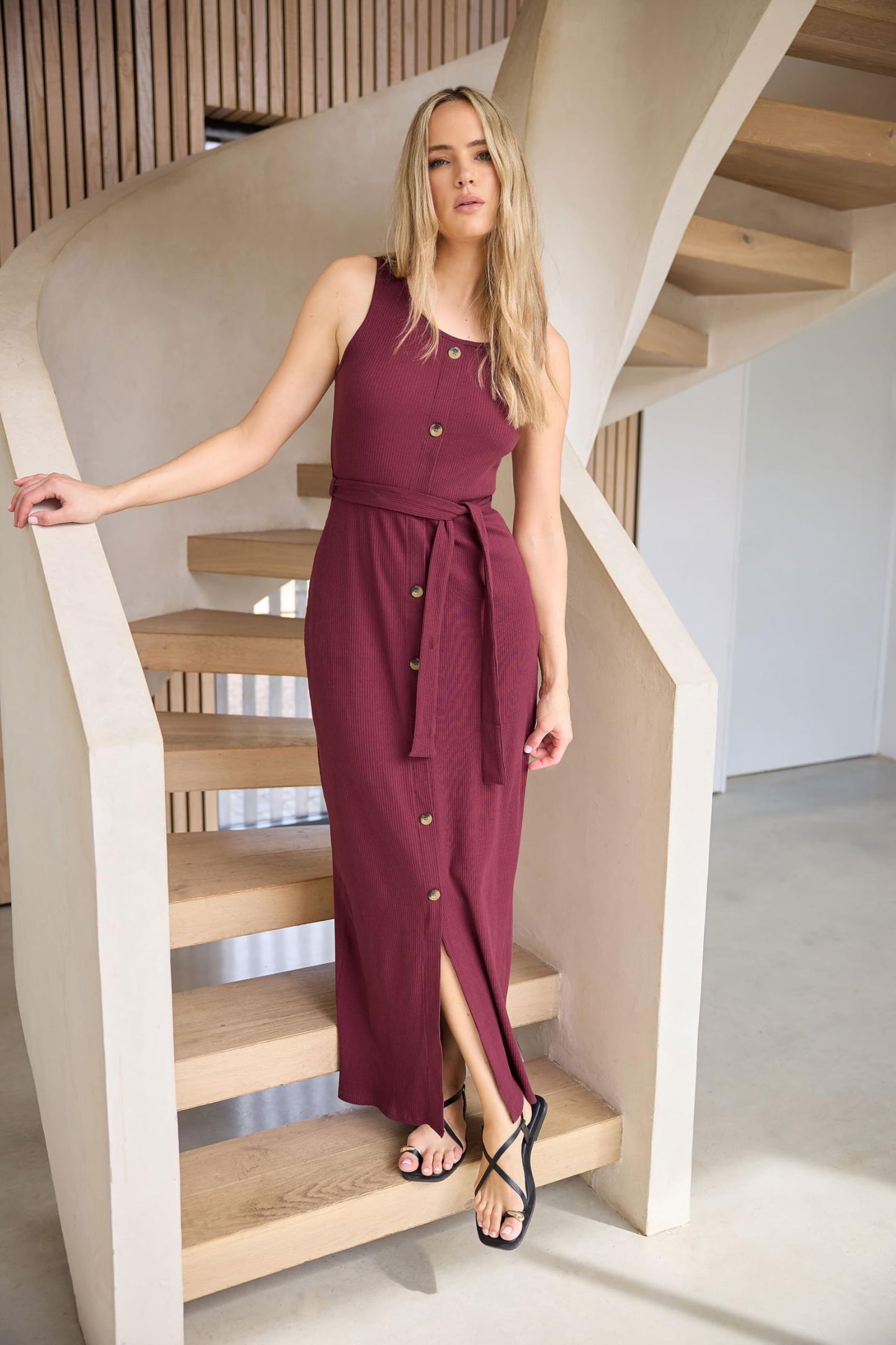Long Tall Sally LTS Tall Women's Ribbed Button Through Maxi Dress Burgundy 12