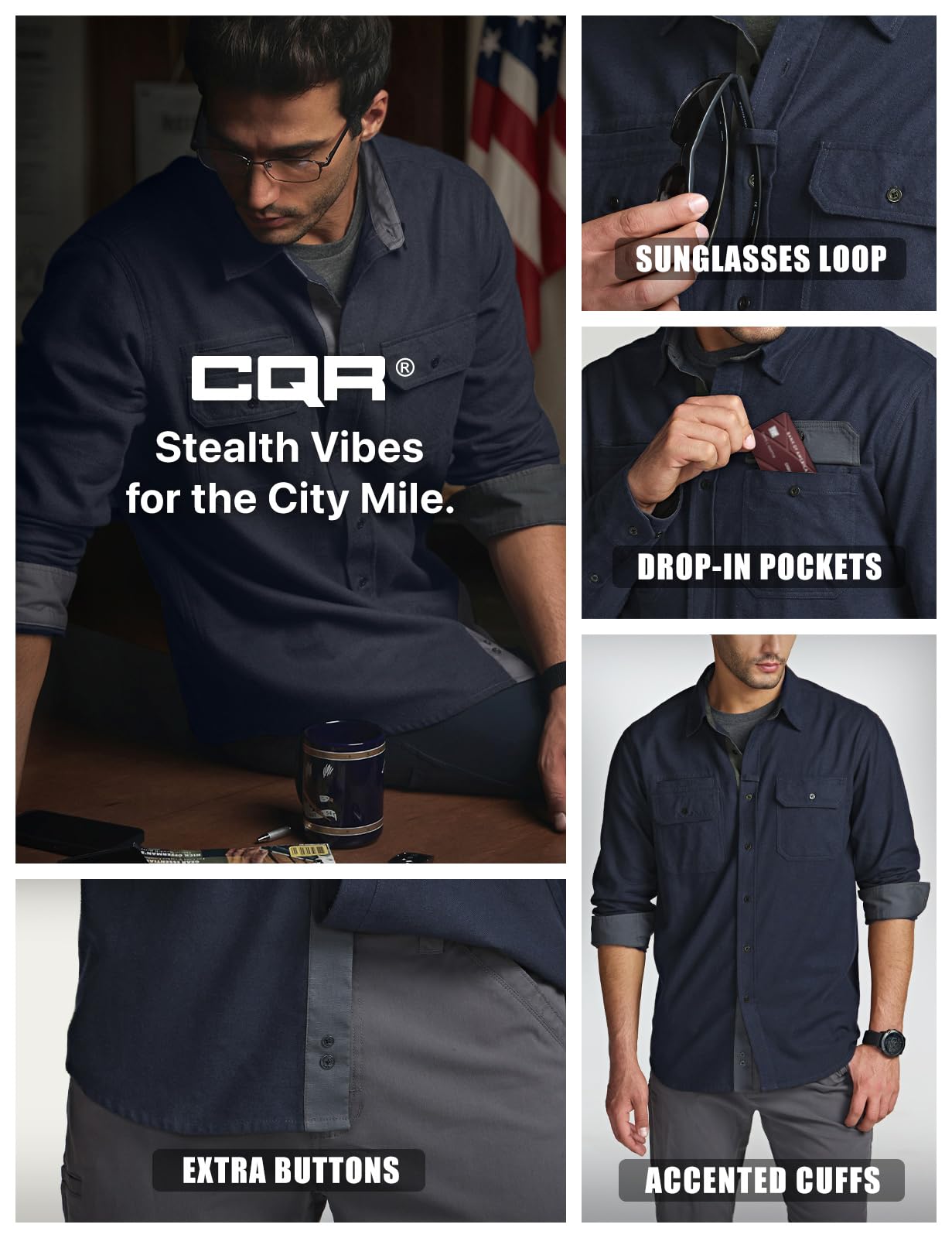 CQR Men's Flannel Button Down Shirts, Soft Cotton Plaid Long Sleeve Tactical Work Shirt, Warm Outdoor Essential with Pocket, Stealth Navy, XX-Large Tall