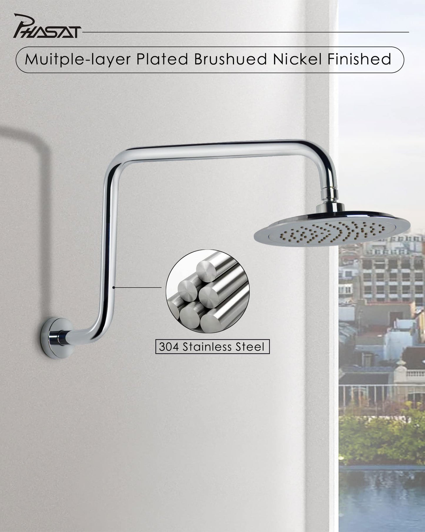 PHASAT S Shaped Shower Arm with Flange,High Rise Shower Head Extension Arm Chrome,PU9D02