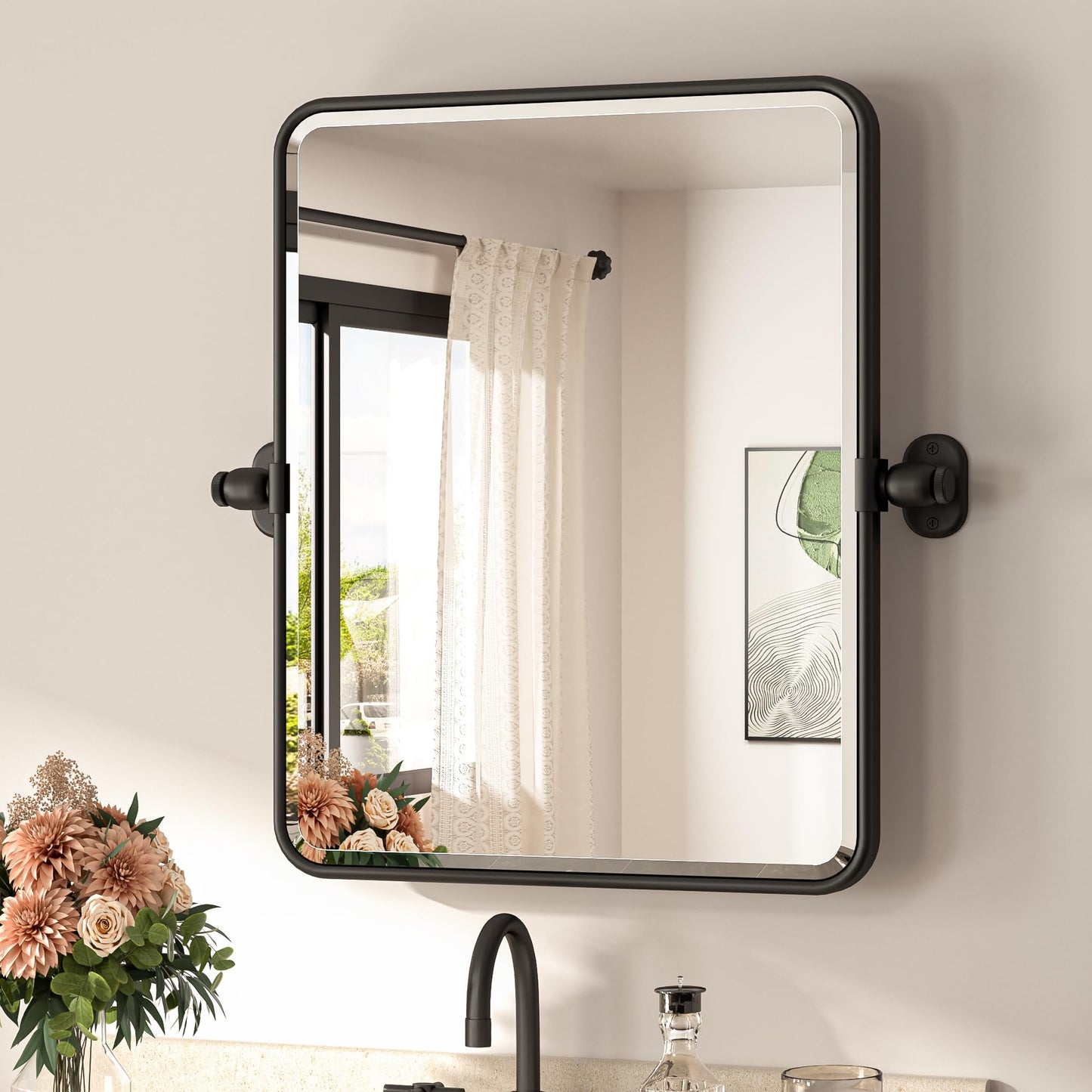 Up-titling Mirror for Bathroom - Metal Framed, Modern Farmhouse Beveled Rounded Corner