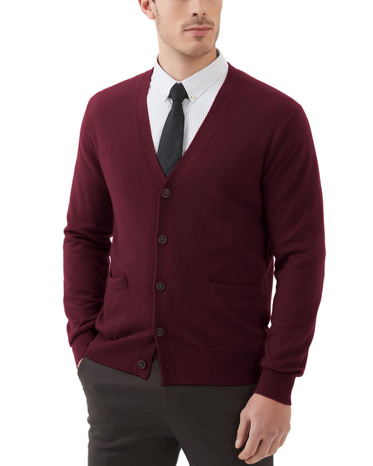 Kallspin Men's Tall Cardigan Sweaters Wool Blend V Neck Button Down Sweaters with Pockets(Burgundy Red, 3XL-Tall)