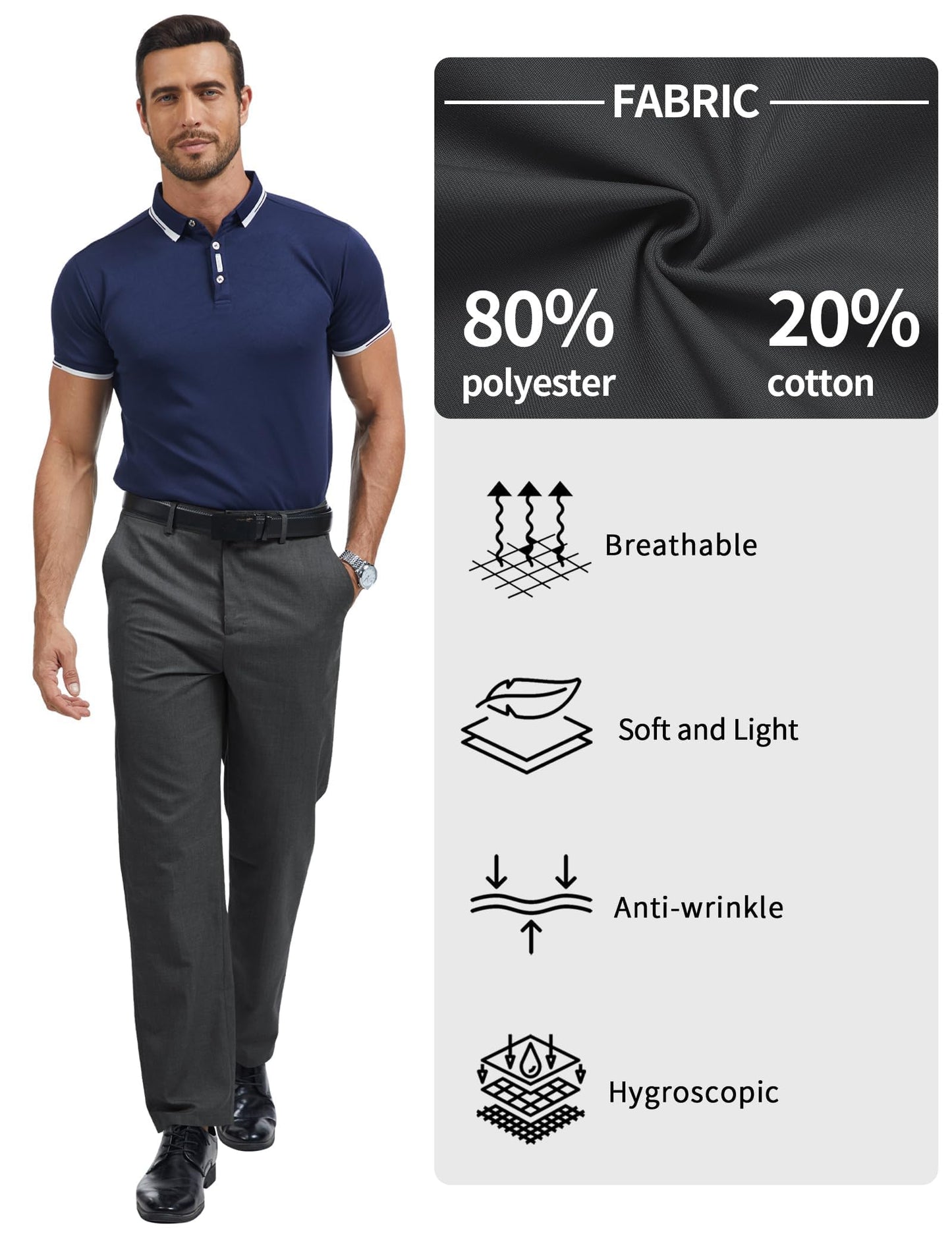 Men's Tall Classic Fit Flex Flat Front Dress Pants Formal Pants for Business & Office Black Grey