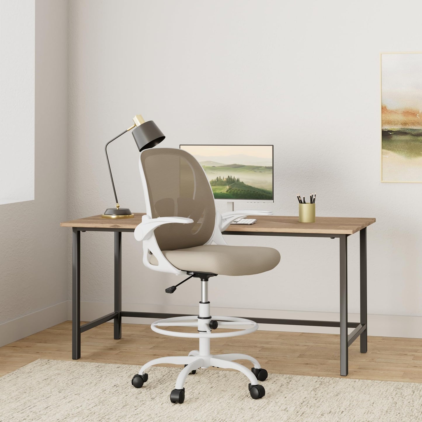 Primy Drafting Chair Tall Office Chair with Flip-up Armrests Executive Ergonomic Computer Standing Desk Chair with Lumbar Support and Adjustable Footrest Ring(Khaki)