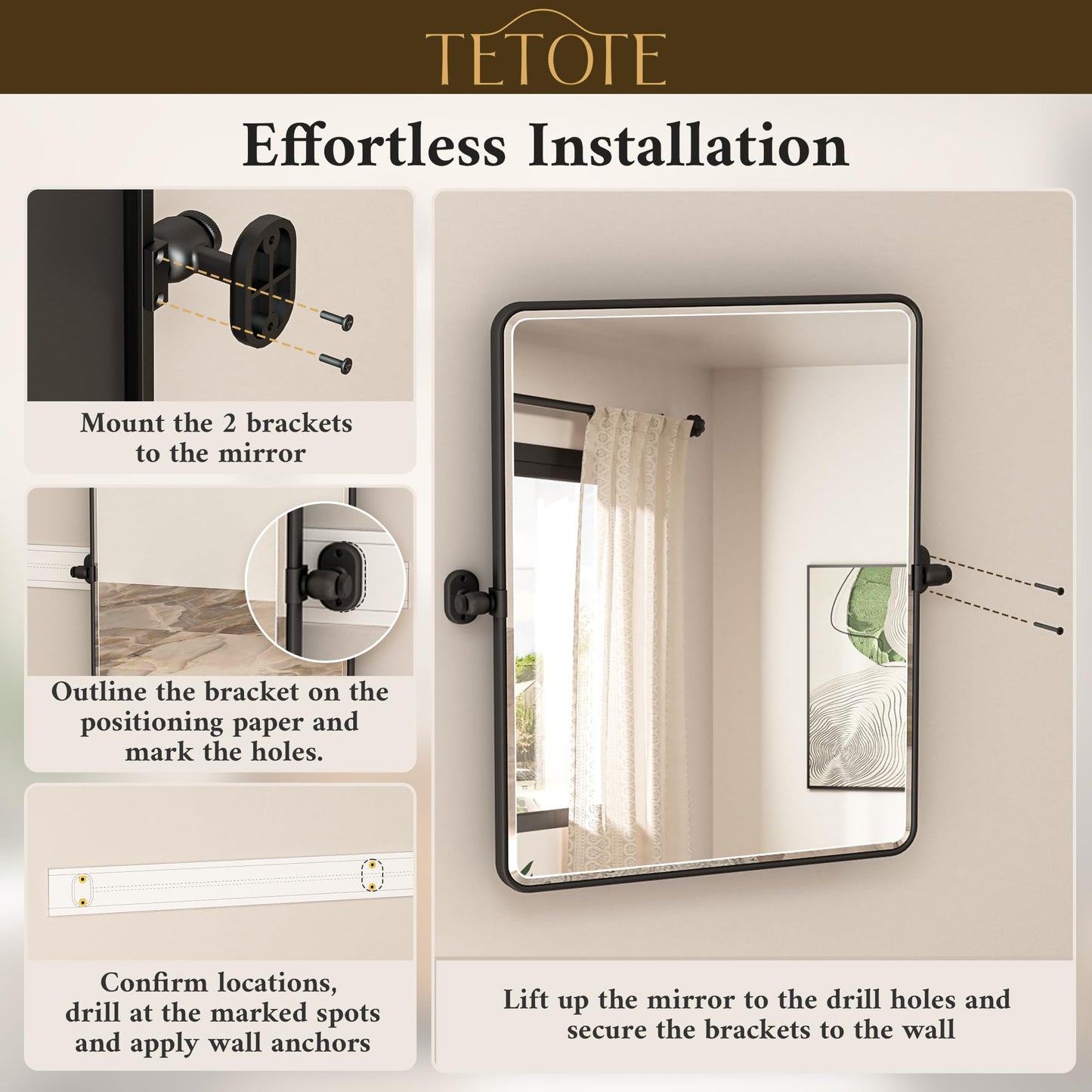 Up-titling Mirror for Bathroom - Metal Framed, Modern Farmhouse Beveled Rounded Corner