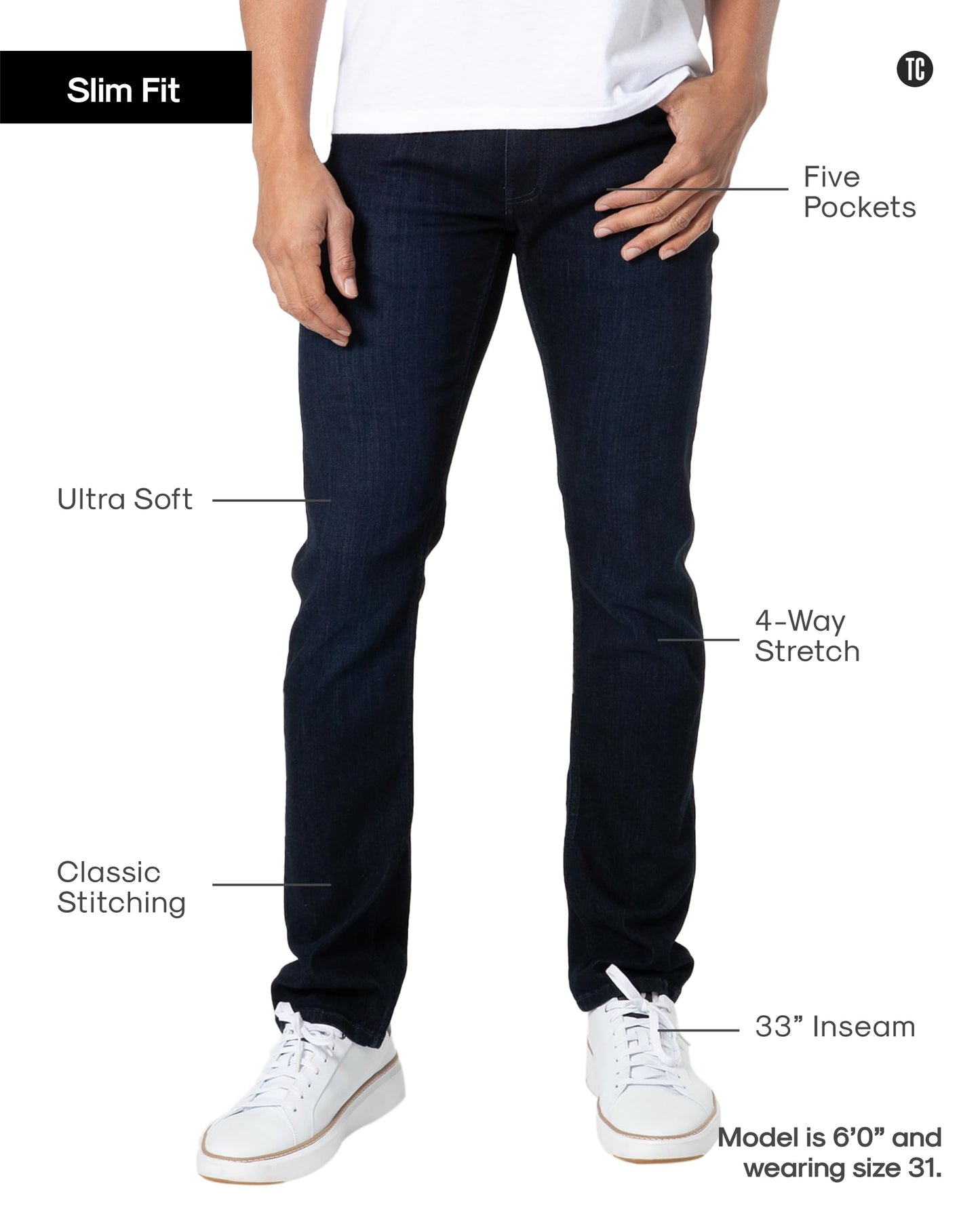 True Classic Mens Jeans – Stretch Jeans for Men, Slim Fit Men’s Stretch Jean - Tapered Skinny Fit, High-Stretch - Indigo, 33W X 36L