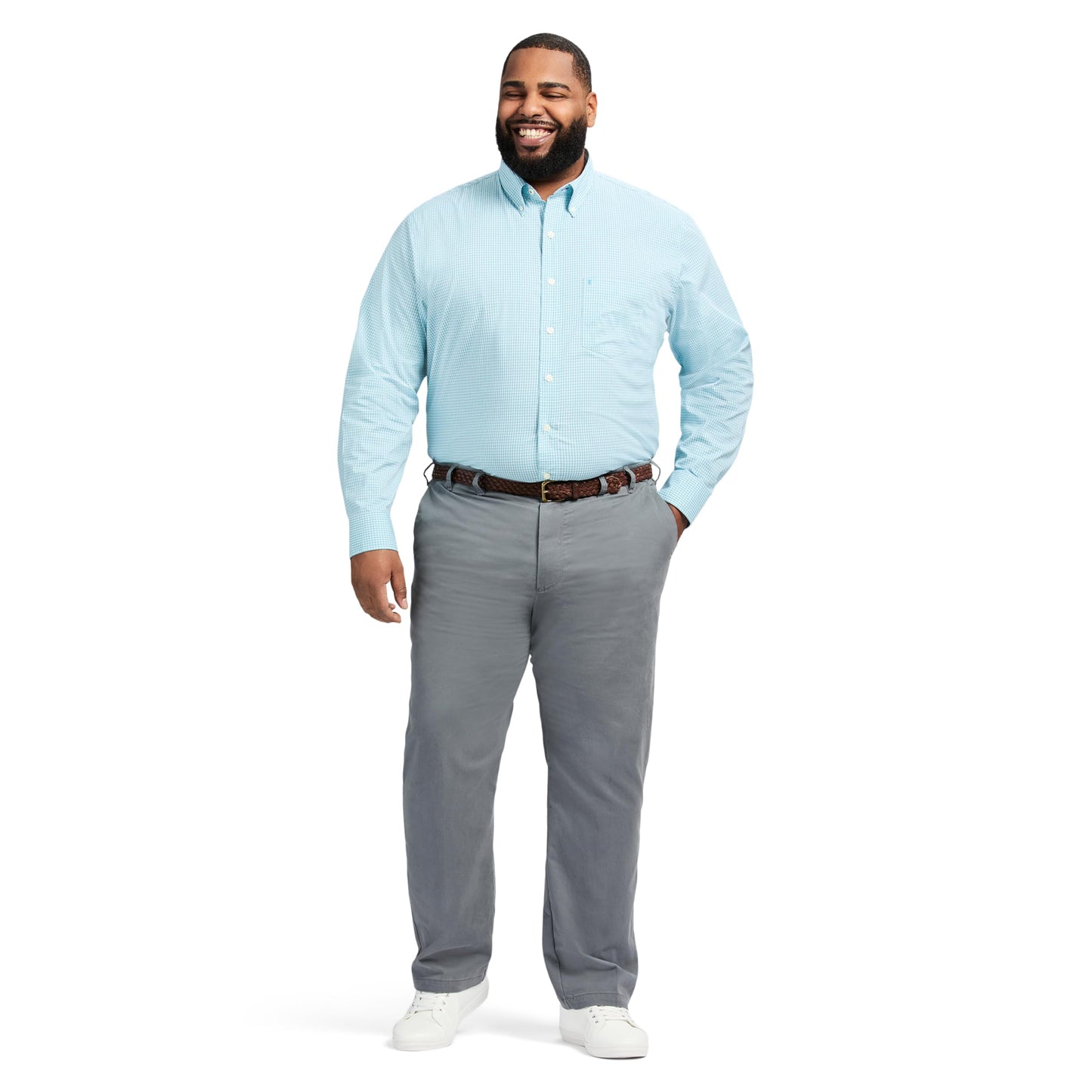 IZOD Men's Big and Tall Performance Comfort Long Sleeve Gingham Button Down Shirt, Aqua, XX-Large Tall