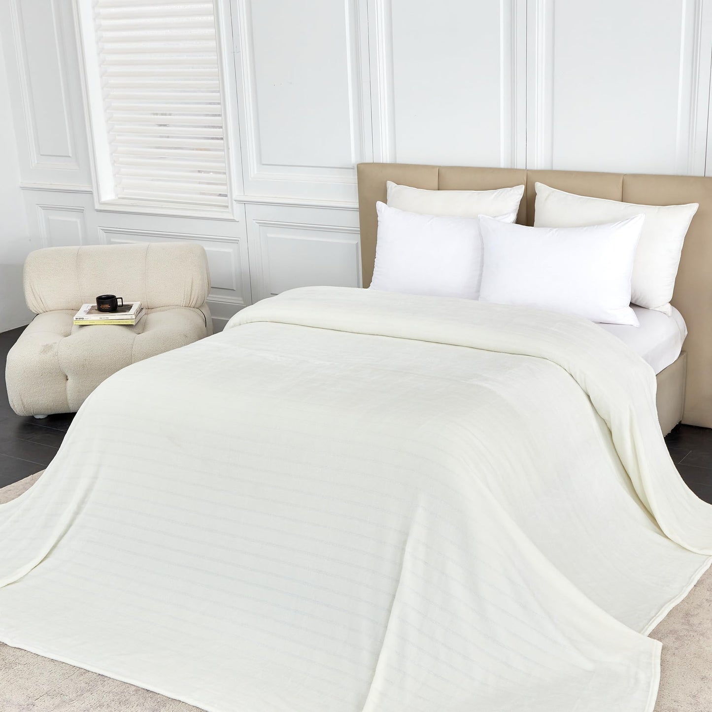 Serenhom Extra Large 120x120 Inch Giant Soft Cozy Fleece Blanket, Huge Oversized Seamless King 3D Jacquard Decorative California King Blanket for Bed, Couch, Travel - Striped Ivory White