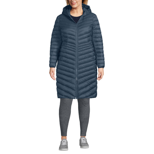 Lands' End Womens Packable Chevron Wanderweight Down Coat Vintage Blue Tall Medium