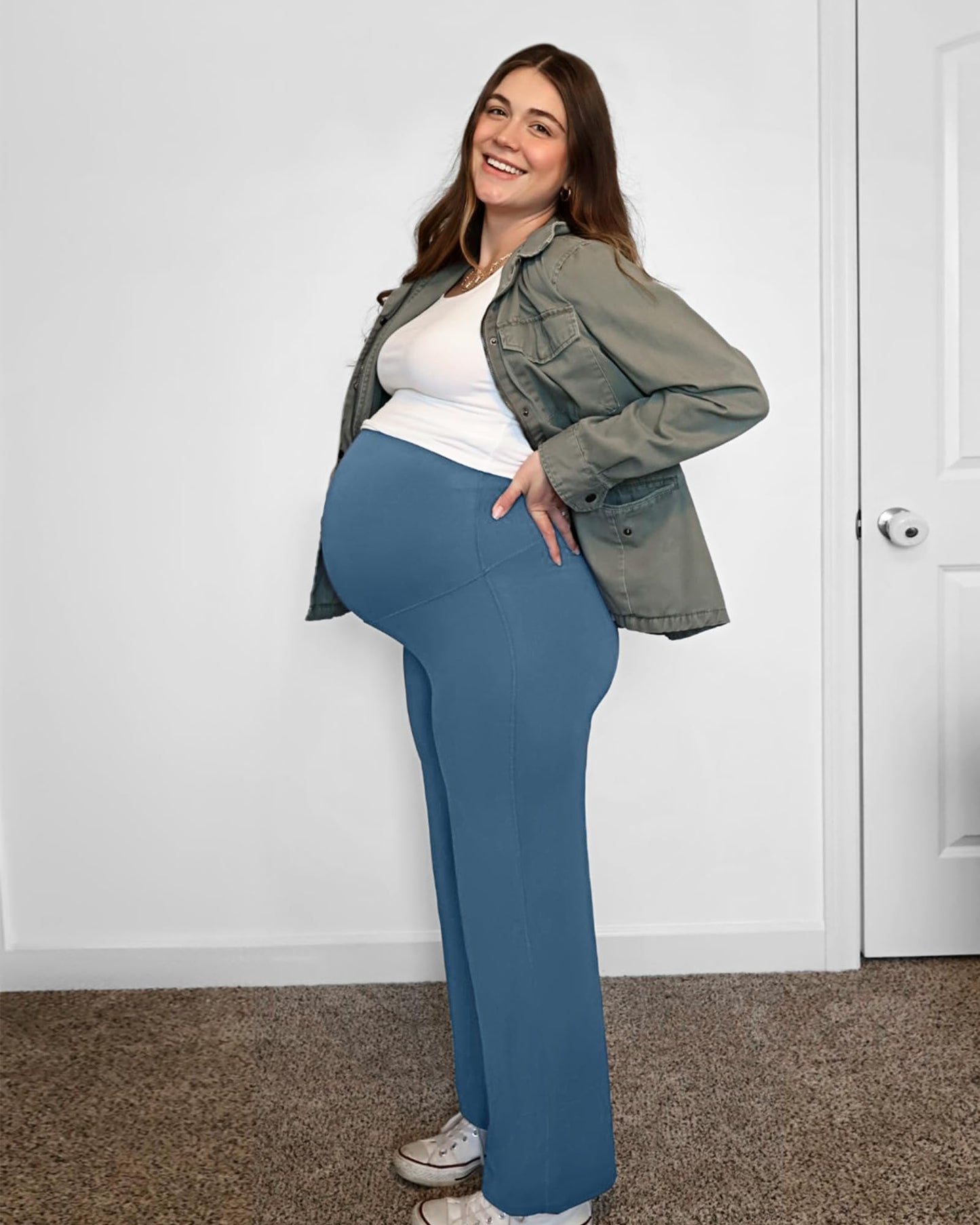 G4Free Maternity Pants for Work Over-Bump Soft Pregnancy Wide Leg Leggings Business Casual Slacks Office Wear(Blue Gray,XXL,32")