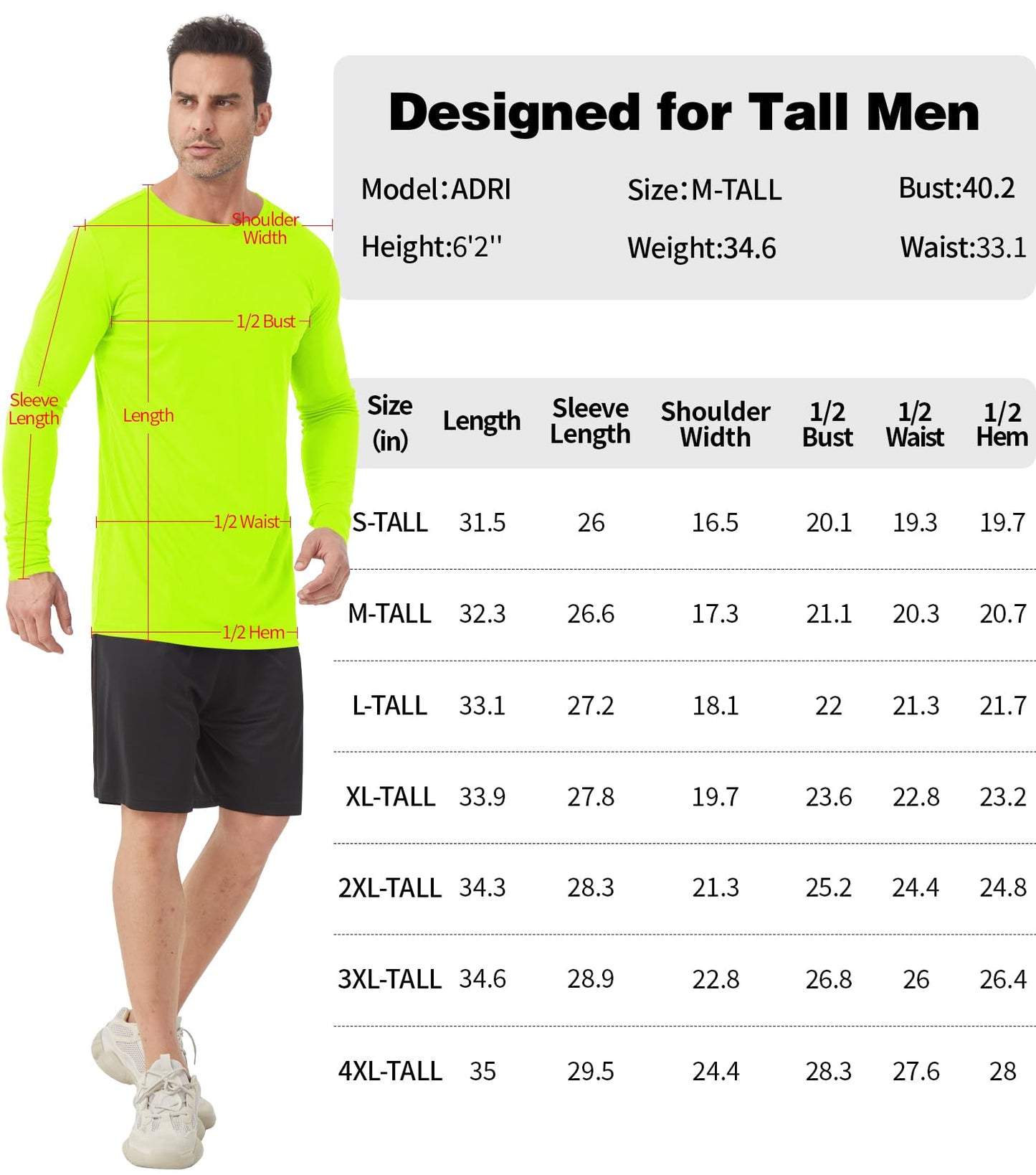 Men's Tall Rash Guard Long Sleeve T Shirts - UPF 50+ Sun Protection Tee Shirt for Fishing, Swim, Hiking Neon Green