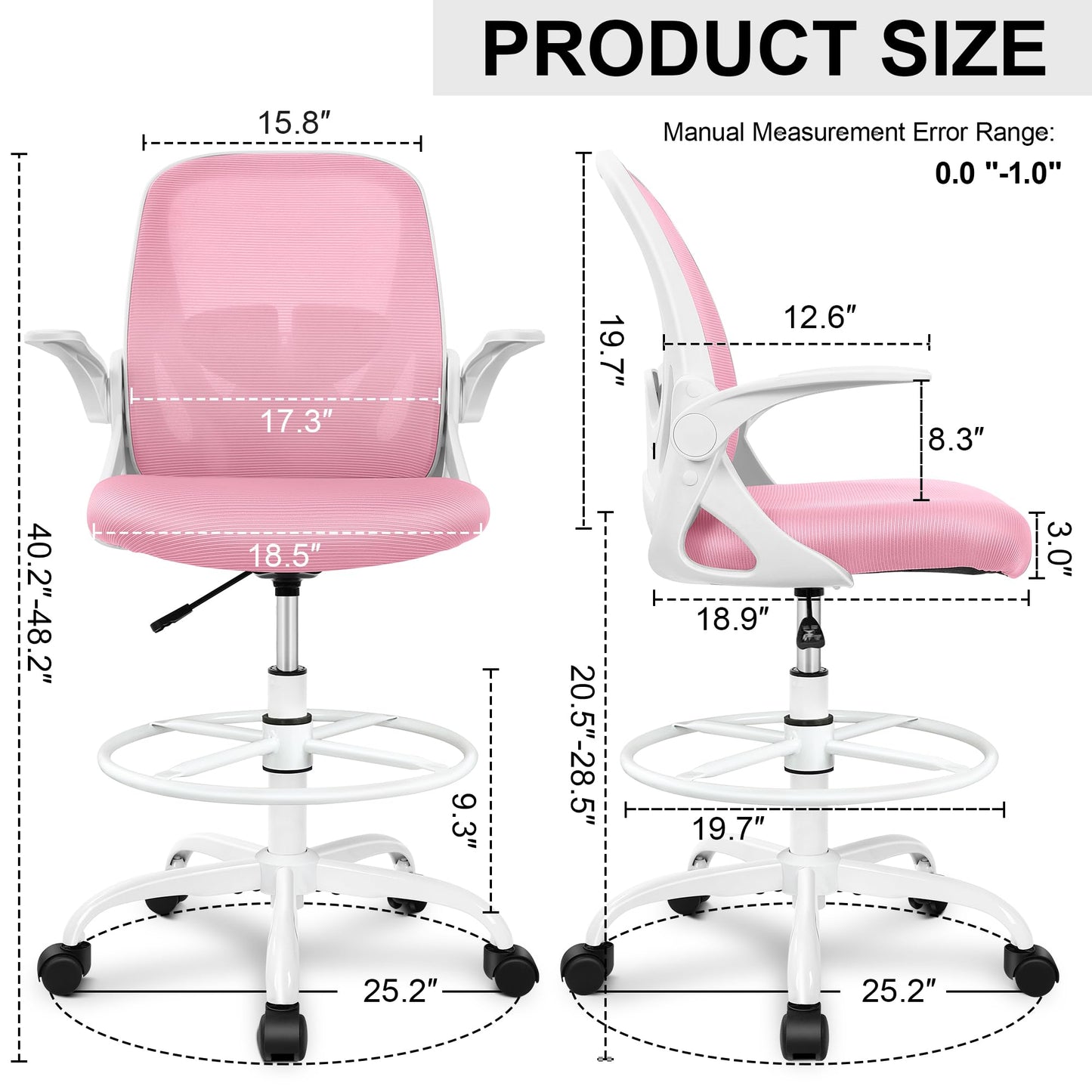 Primy Drafting Chair Tall Office Chair with Flip-up Armrests Executive Ergonomic Computer Standing Desk Chair with Lumbar Support and Adjustable Footrest Ring (Pink)