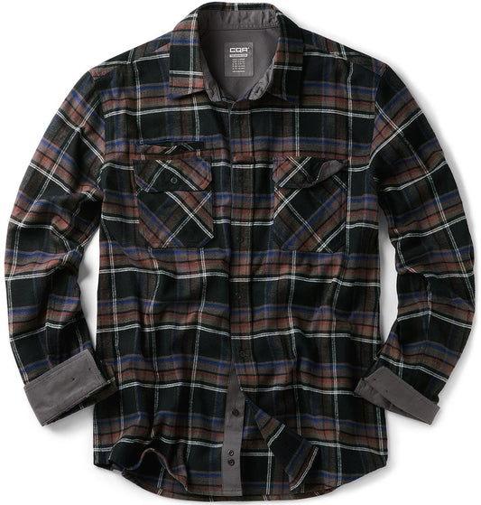 CQR Men's Flannel Button Down Shirts, Soft Cotton Plaid Long Sleeve Tactical Work Shirt, Warm Outdoor Essential with Pocket, Stealth Coal Miner, Large Tall