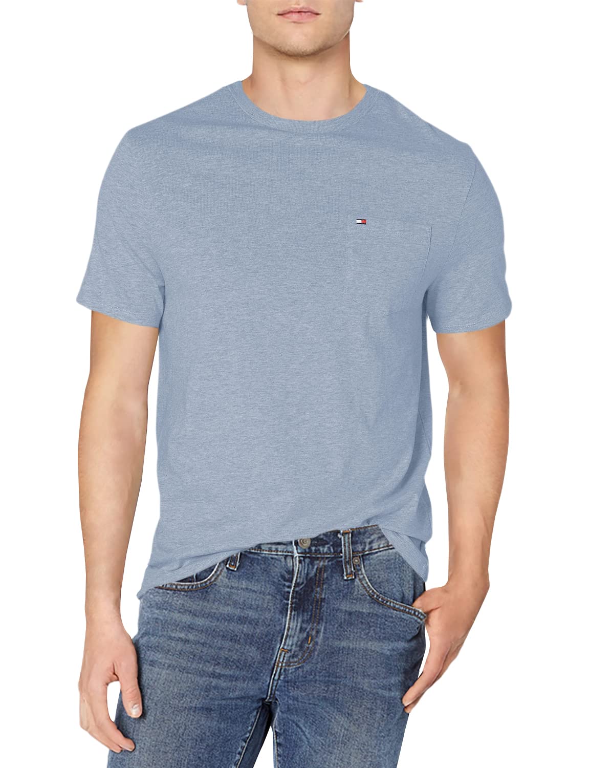Tommy Hilfiger mens Tommy Hilfiger Men's Short Sleeve Crewneck With Pocket T Shirt, Malaga Blue Heather, 5X-Large Tall US