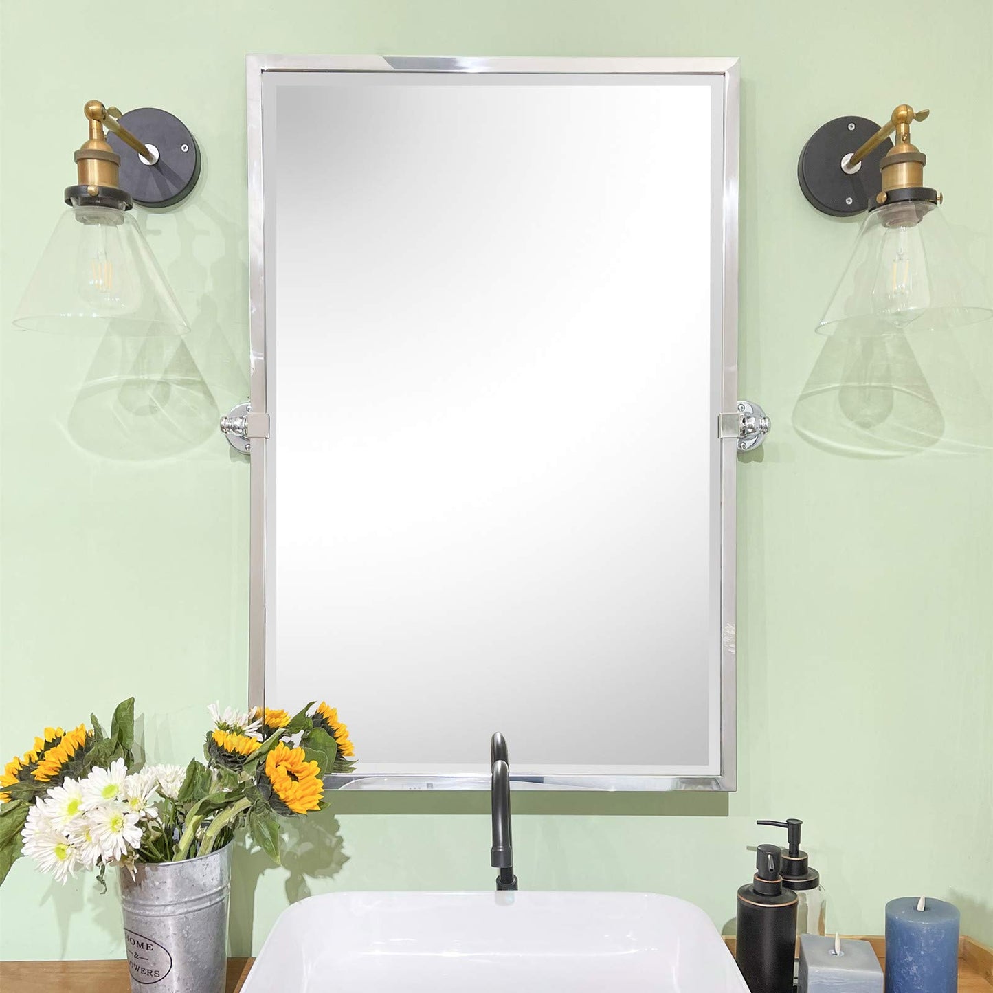 TEHOME Chrome Pivot Mirror Tilt Bathroom Mirror in Polished Nickel Tilting Beveled Vanity Mirrors in Chrome, 28.5x36''