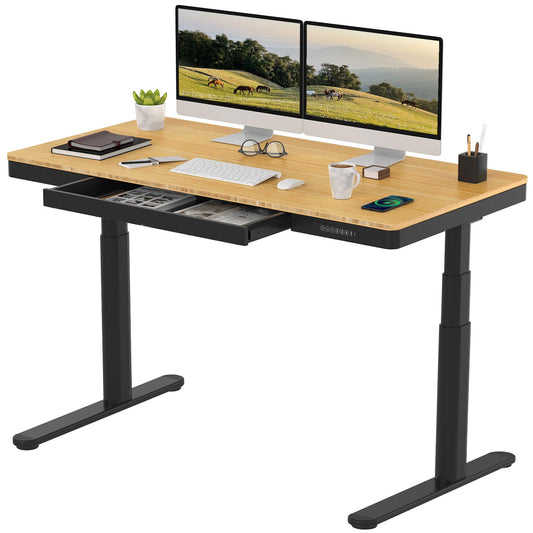 SANODESK Standing Desk with Drawer,Dual Motor 3 Stage Electric Height Adjustable Home Office Desk with Storage & Wireless Charging, 55 inch Bamboo Tabletop/Black Frame - 49.2" Max Height