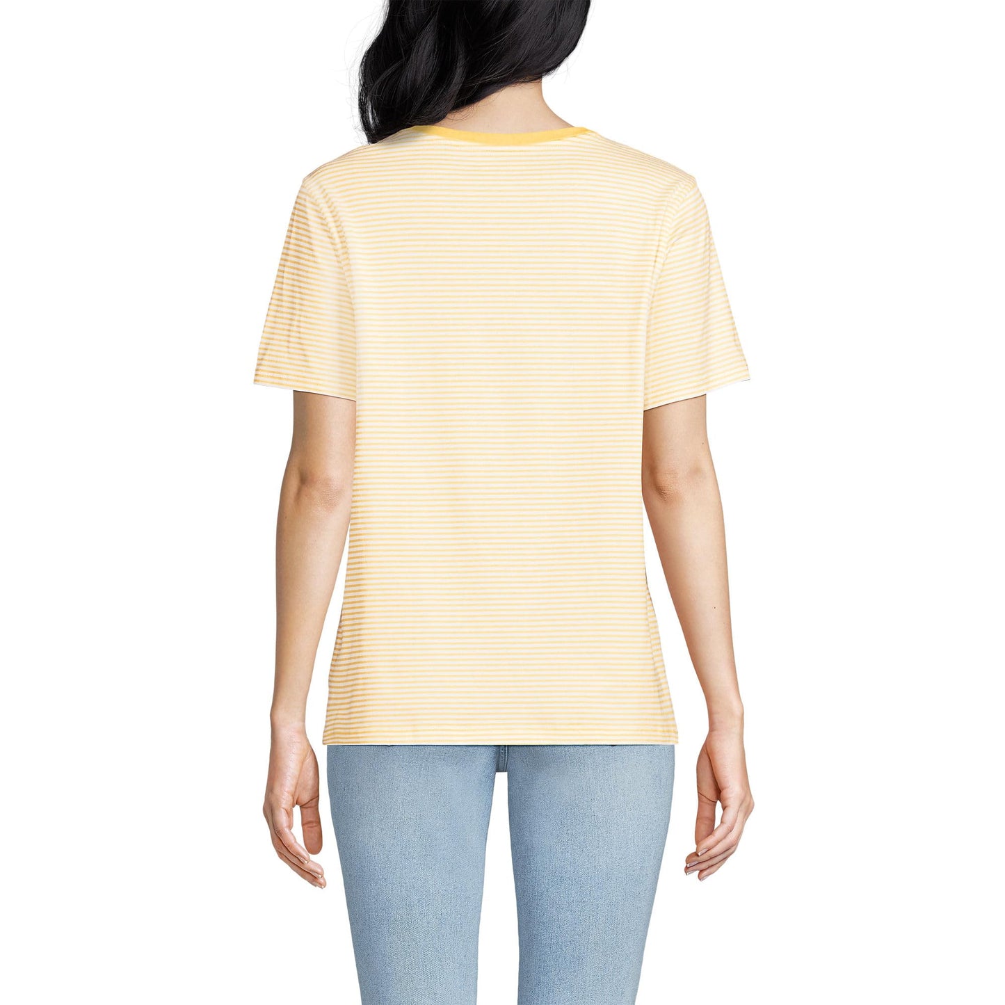 Lands' End Womens Short Sleeve Relaxed Supima Cotton Crew Neck T Shirt Simply Yellow Micro Stripe Tall Large