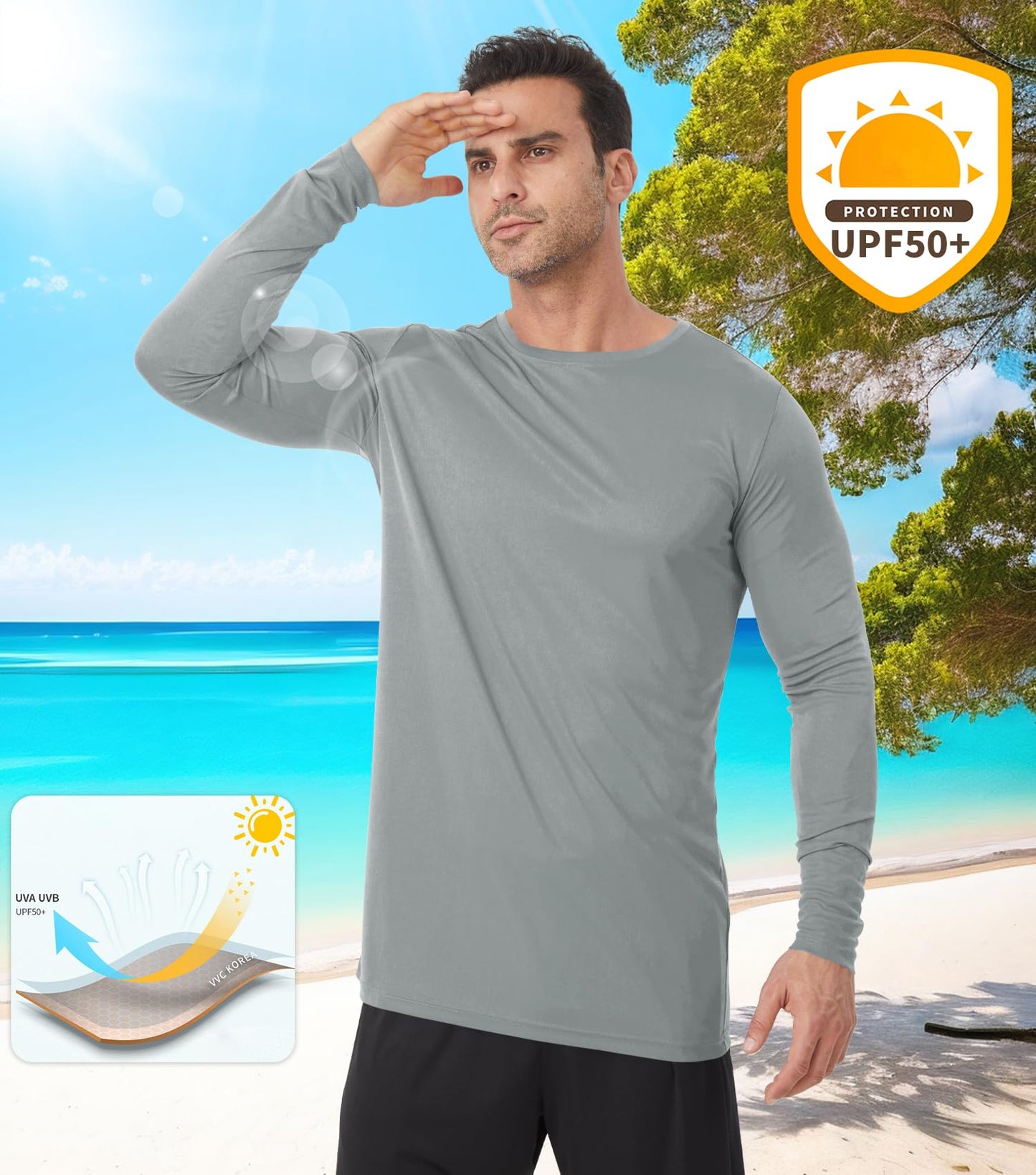 Men's Tall Rash Guard Long Sleeve T Shirts - UPF 50+ Sun Protection Tee Shirt for Fishing, Swim, Hiking Grey