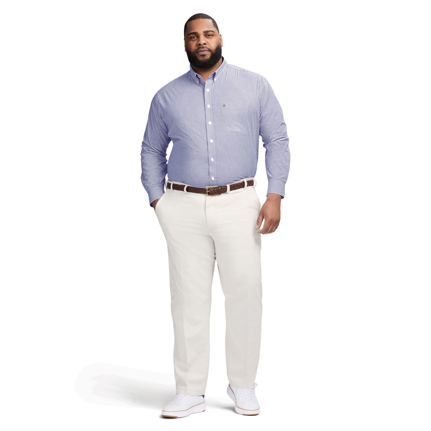 IZOD Men's Big and Tall Performance Comfort Long Sleeve Gingham Button Down Shirt, Skipper Blue Check