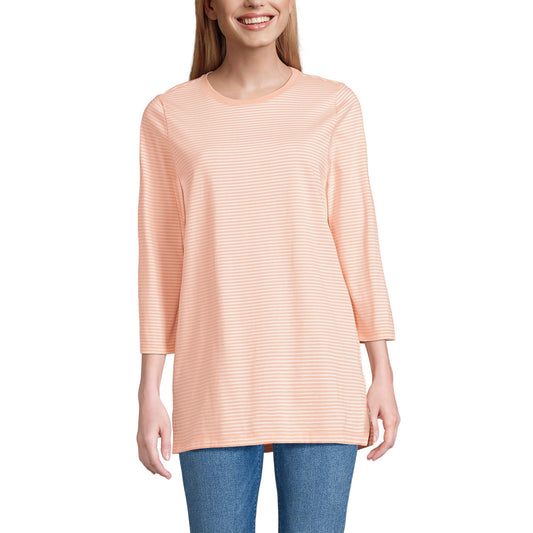 Lands' End Womens 3Q Cotton Supima Crew Neck Tunic Tinted Peach Micro Stripe Tall Medium